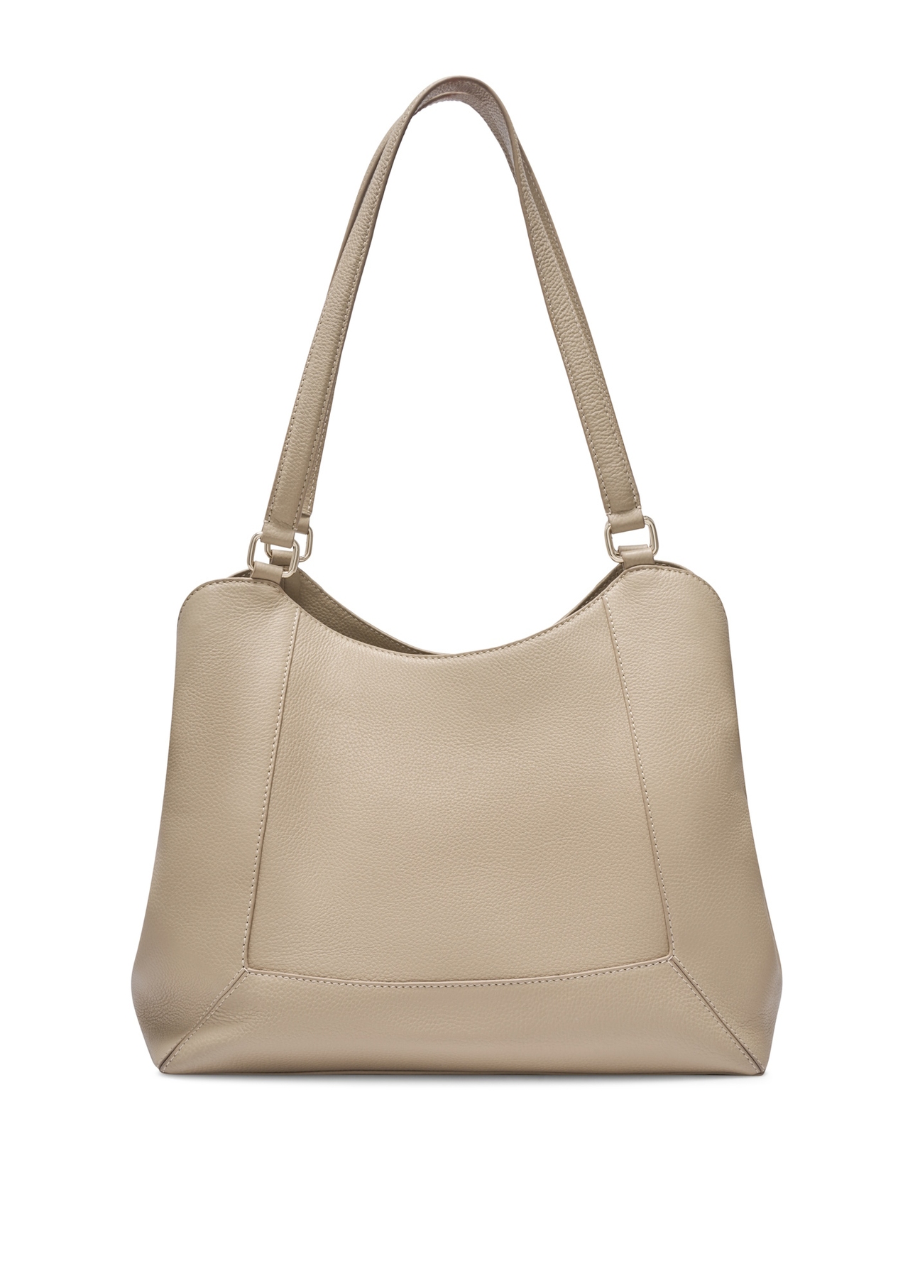 Beżowa skórzana torebka shopper damska TORES-1264-1B(W26), widok produktu z tyłu na białym tle.