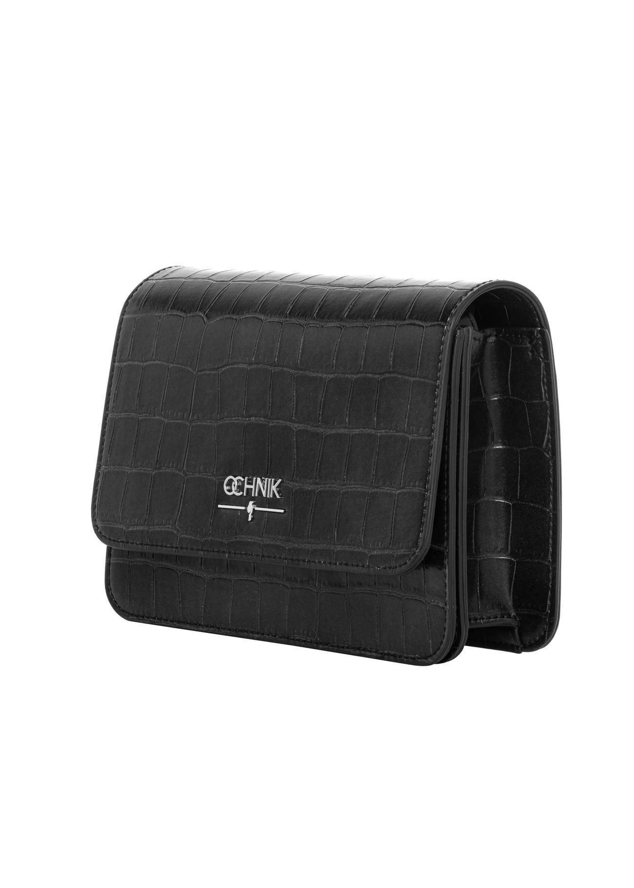 Czarna torebka damska croco TOREC-1288-9G(Z26), widok produktu skosem na białym tle.