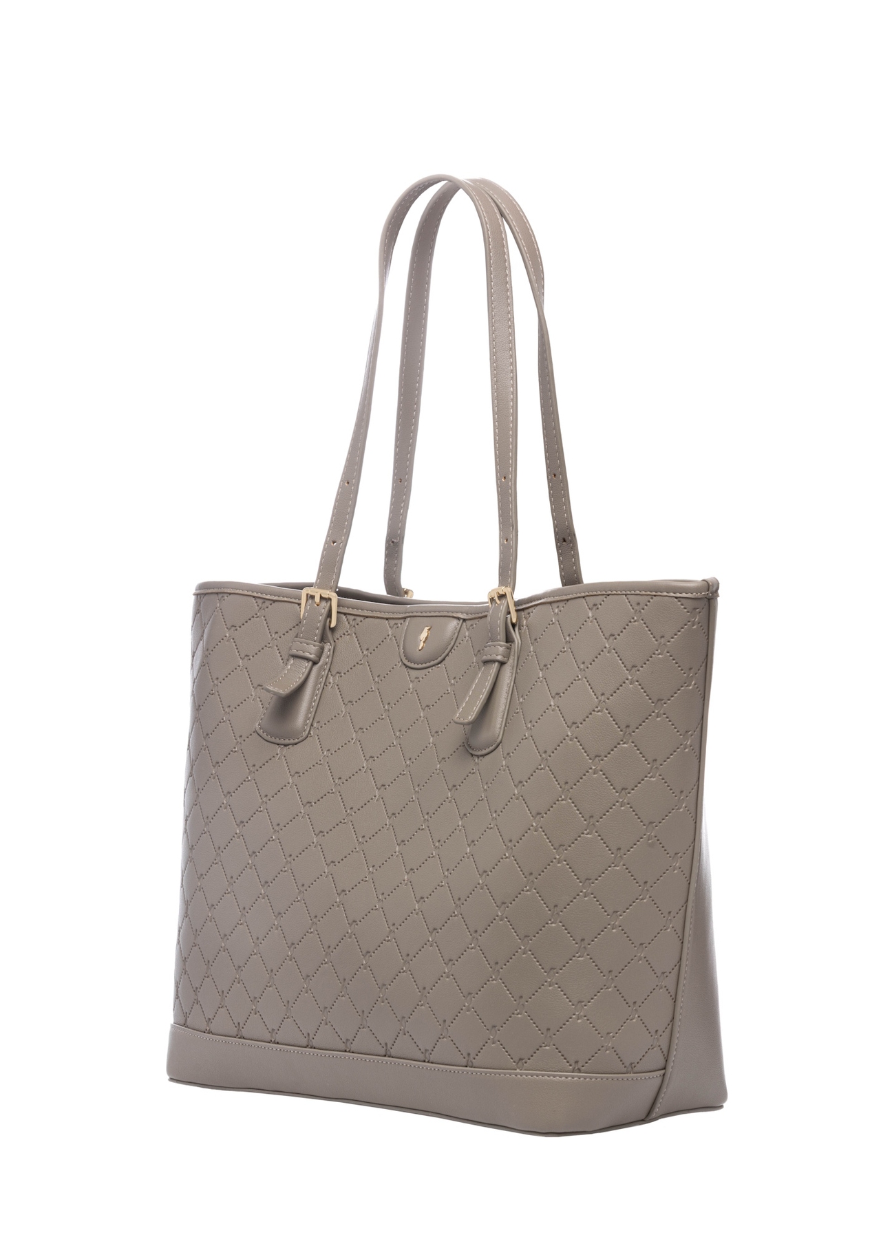 Jasnobrązowa torebka shopper z monogramem TOREC-1181-1K(W26), widok produktu skosem na białym tle.