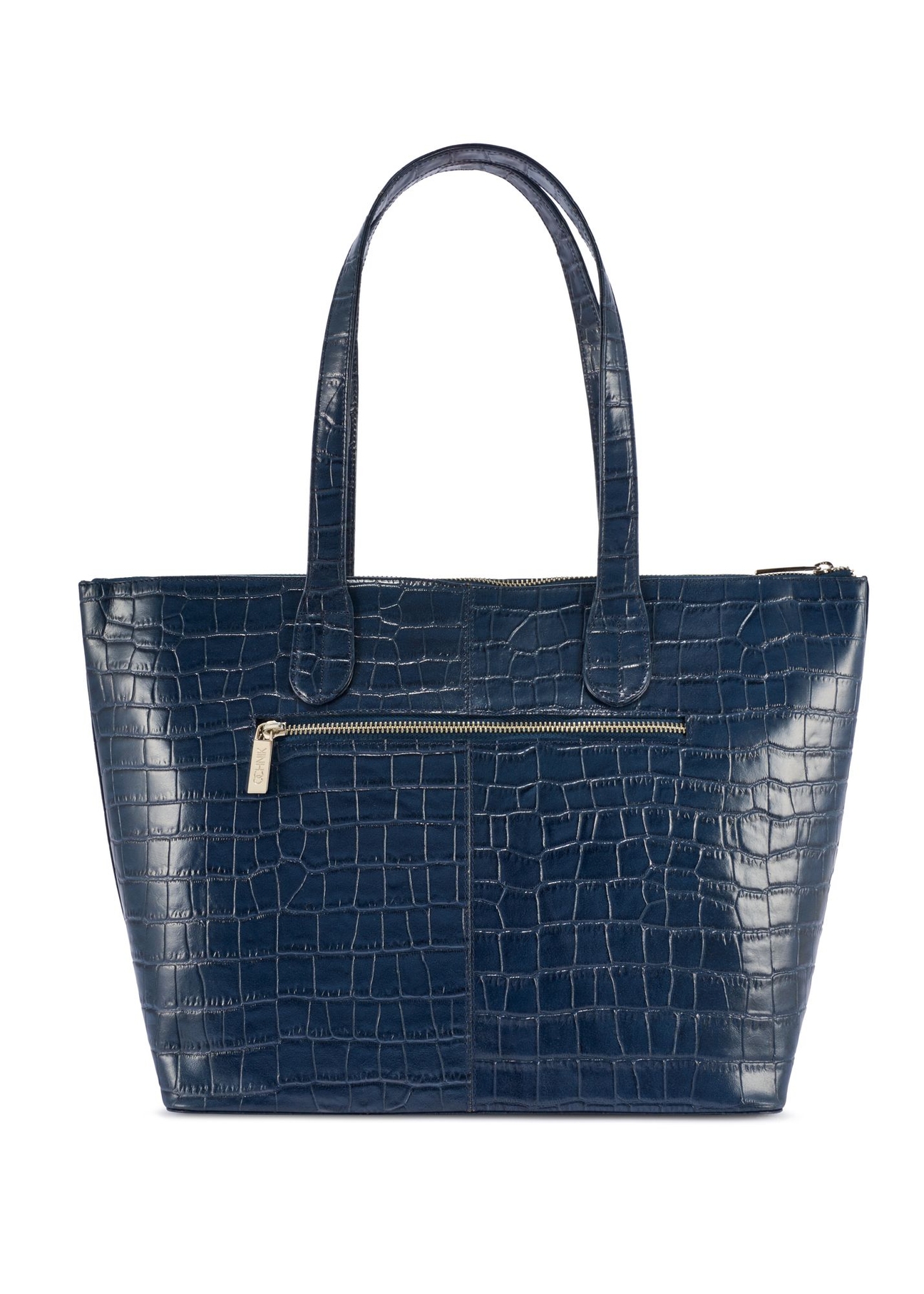 Damska granatowa torebka shopper skórzana TORES-0939 F-7D(W26) - widok produktu z tyłu, na białym tle.