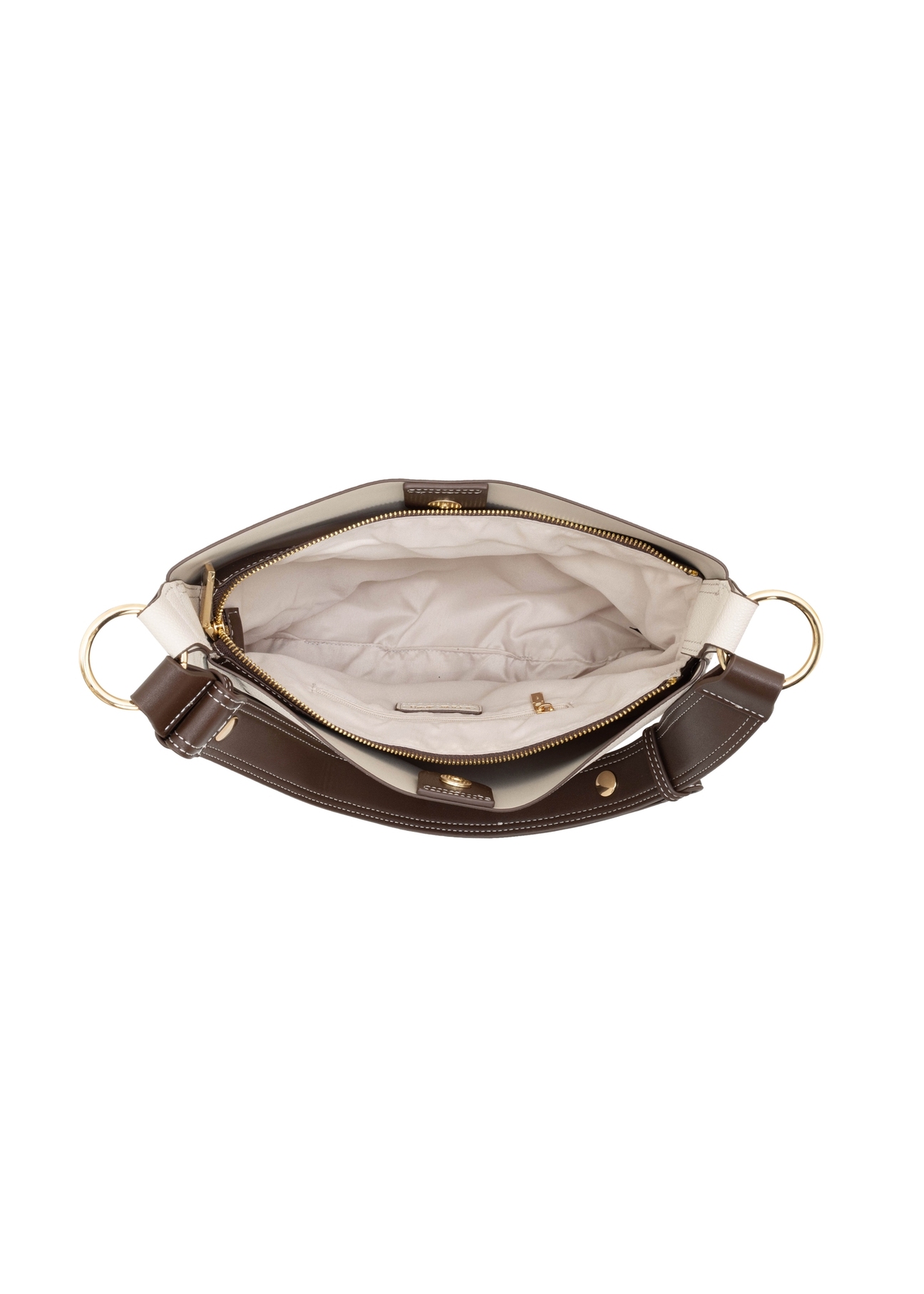Torebka damska hobo w kolorze ecru TOREC-1257-0B(Z26). Widok produktu od środka na białym tle.