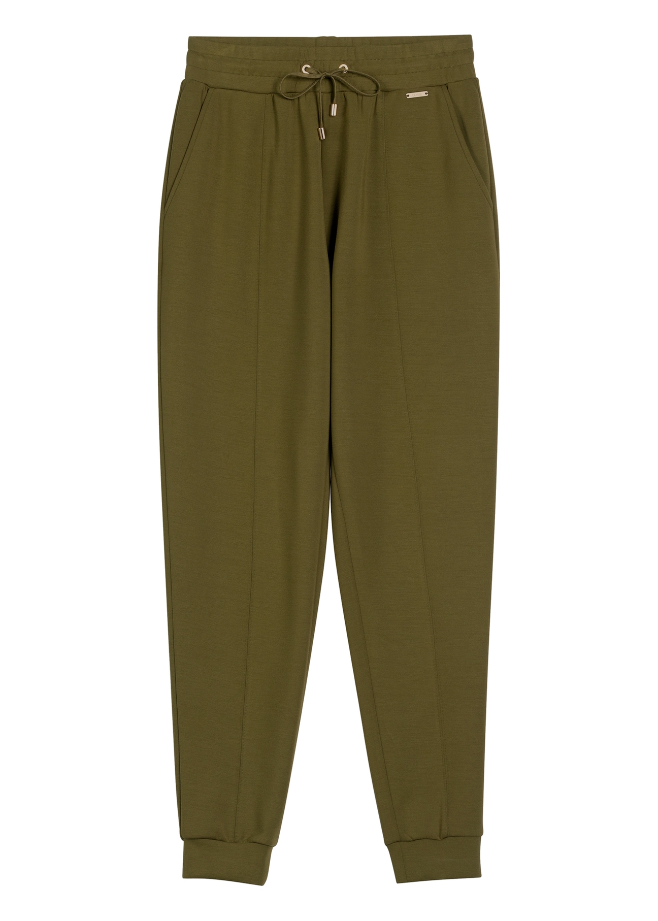 Spodnie damskie w kolorze khaki SPODT-0108-8D(W26) - widok produktu z przodu, na białym tle. 