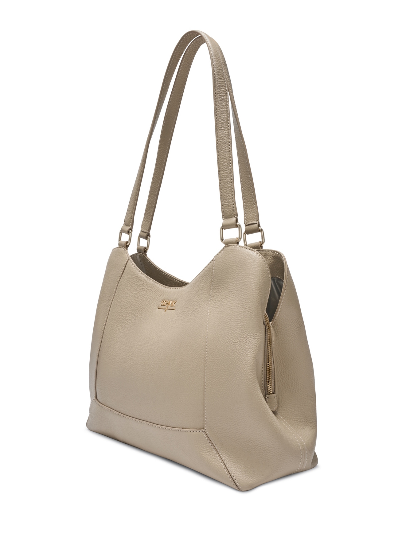 Beżowa skórzana torebka shopper damska TORES-1264-1B(W26), widok produktu skosem na białym tle.