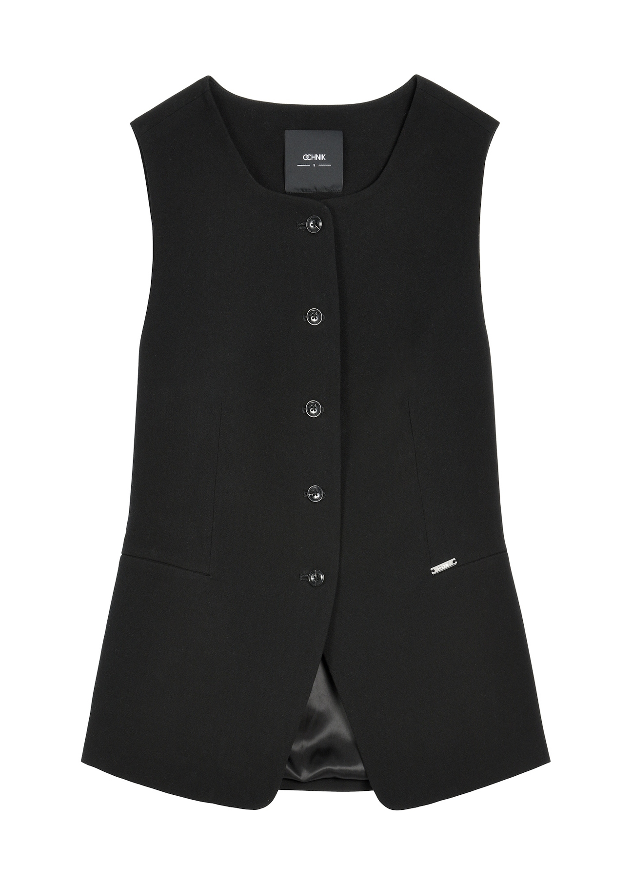 Czarna elegancka kamizelka damska KAMDT-0040-99(Z26) - widok produktu z przodu, na białym tle. 