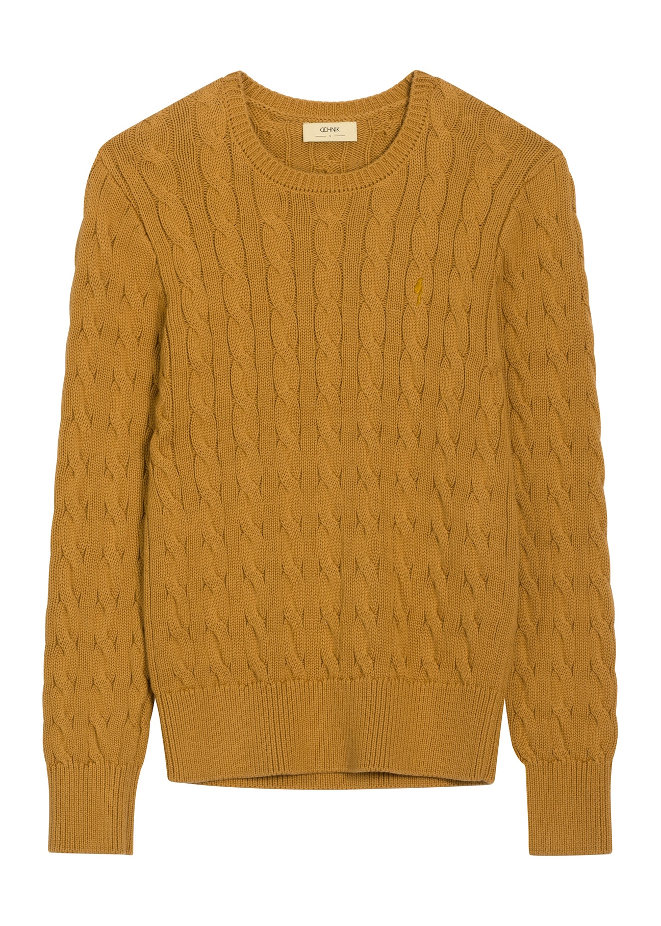Musztardowy sweter damski z bawełny SWEDT-0269-2D(Z26), widok produktu z przodu na białym tle.