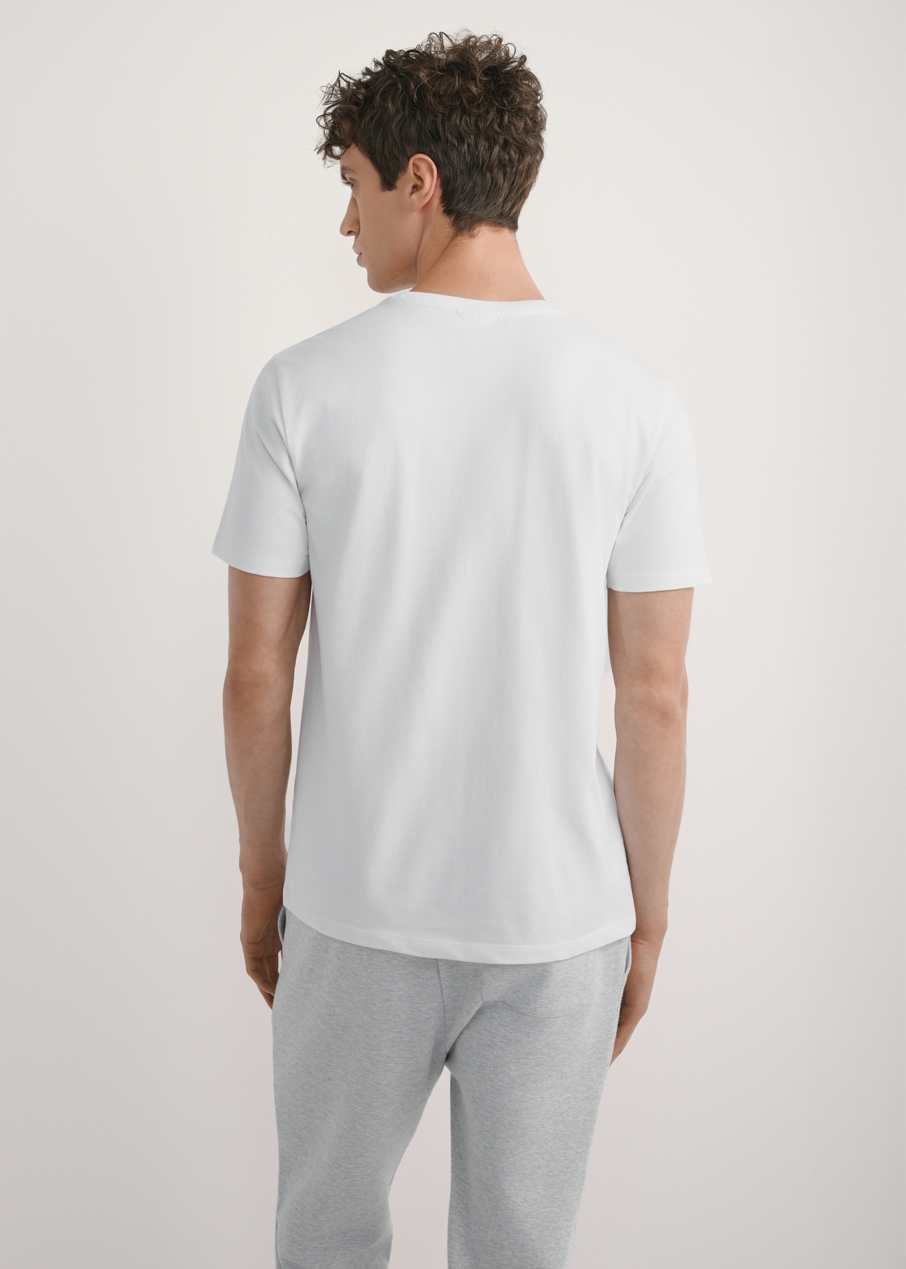 Biały T-shirt męski TSHMT-0137-0A(W26) - widok produktu z tyłu, na modelu, na jasnym tle. Widoczna sylwetka do kolan. 