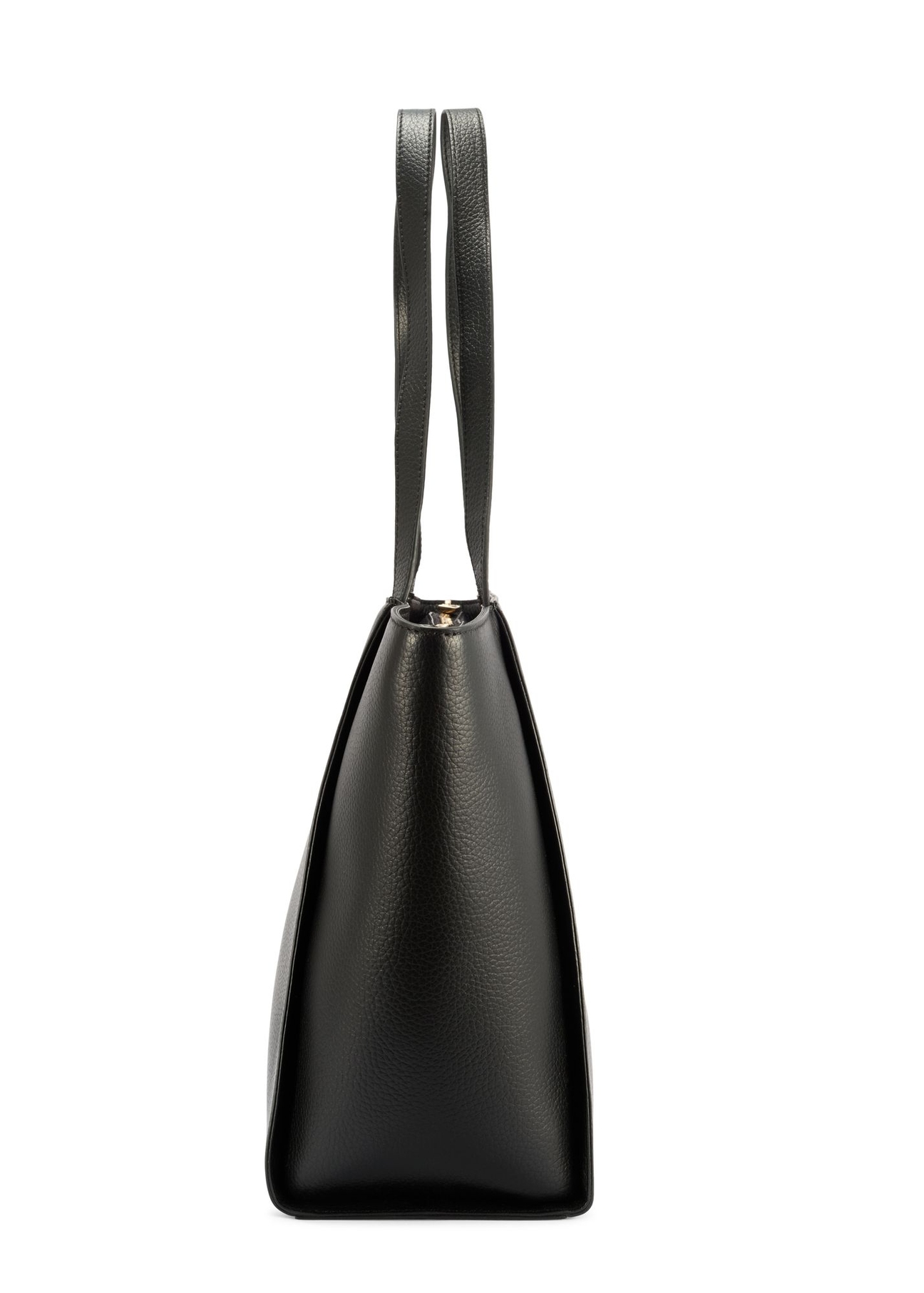 Czarna skórzana torebka shopper TORES-1209-9I(W26) - widok produktu z boku, na białym tle. 