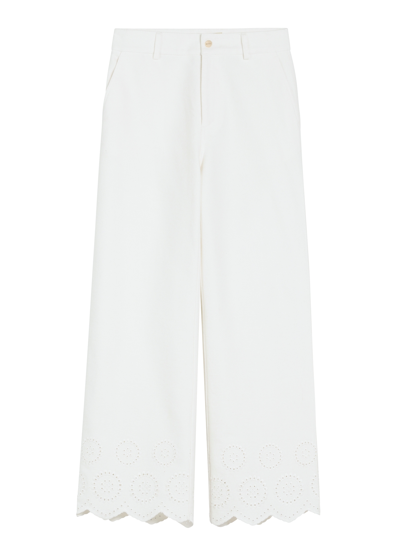 Białe spodnie damskie wide leg SPODT-0122-0B(W26), widok produktu z przodu na białym tle.
