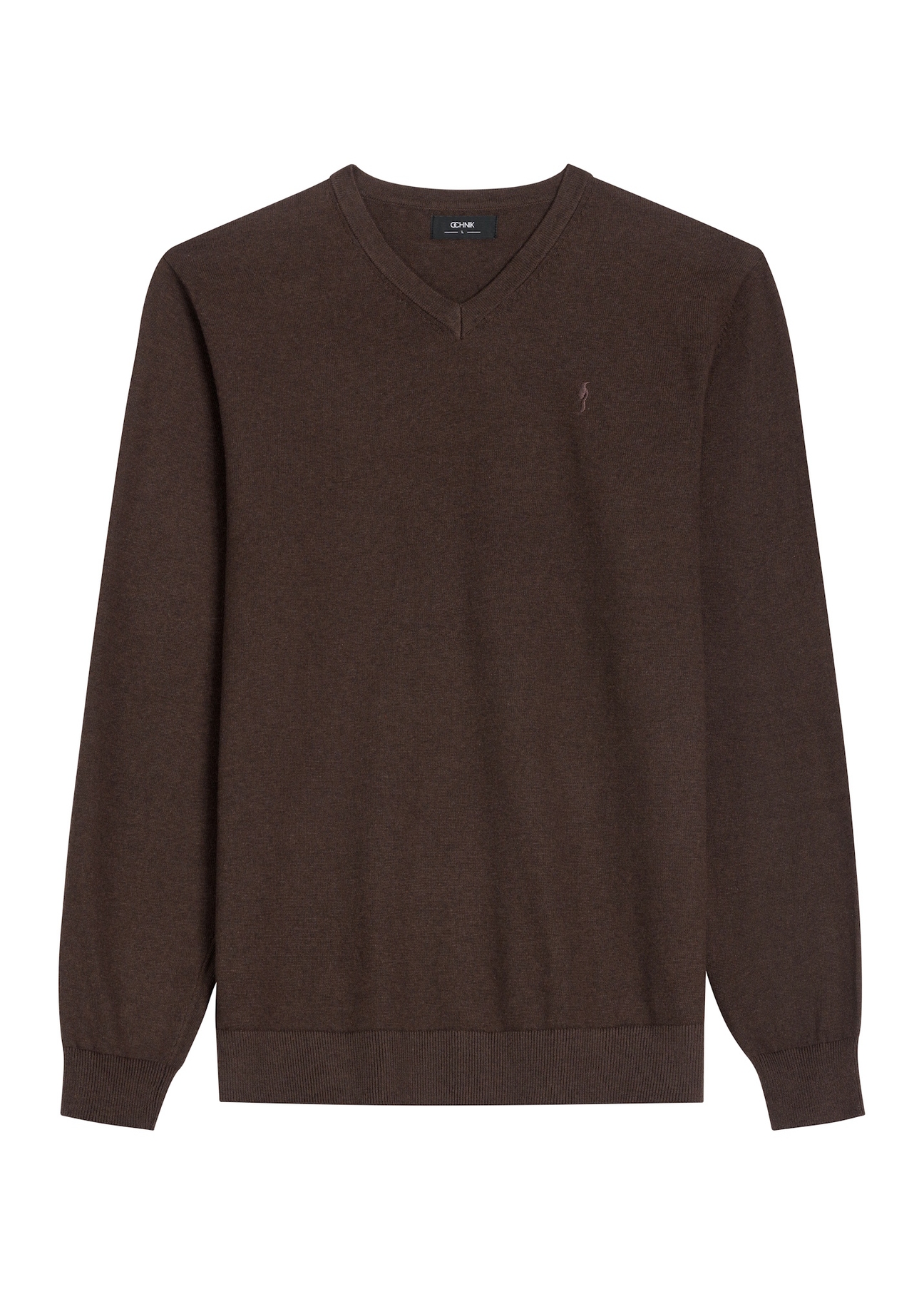 Ciemnobrązowy sweter męski z logo SWEMT-0159A-1I(Z26), widok produktu z przodu na białym tle.