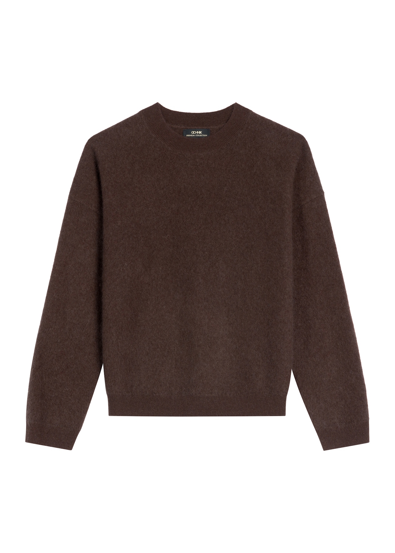 Wełniany brązowy sweter damski SWEDT-0265-1I(Z26), widok produktu z przodu na białym tle.