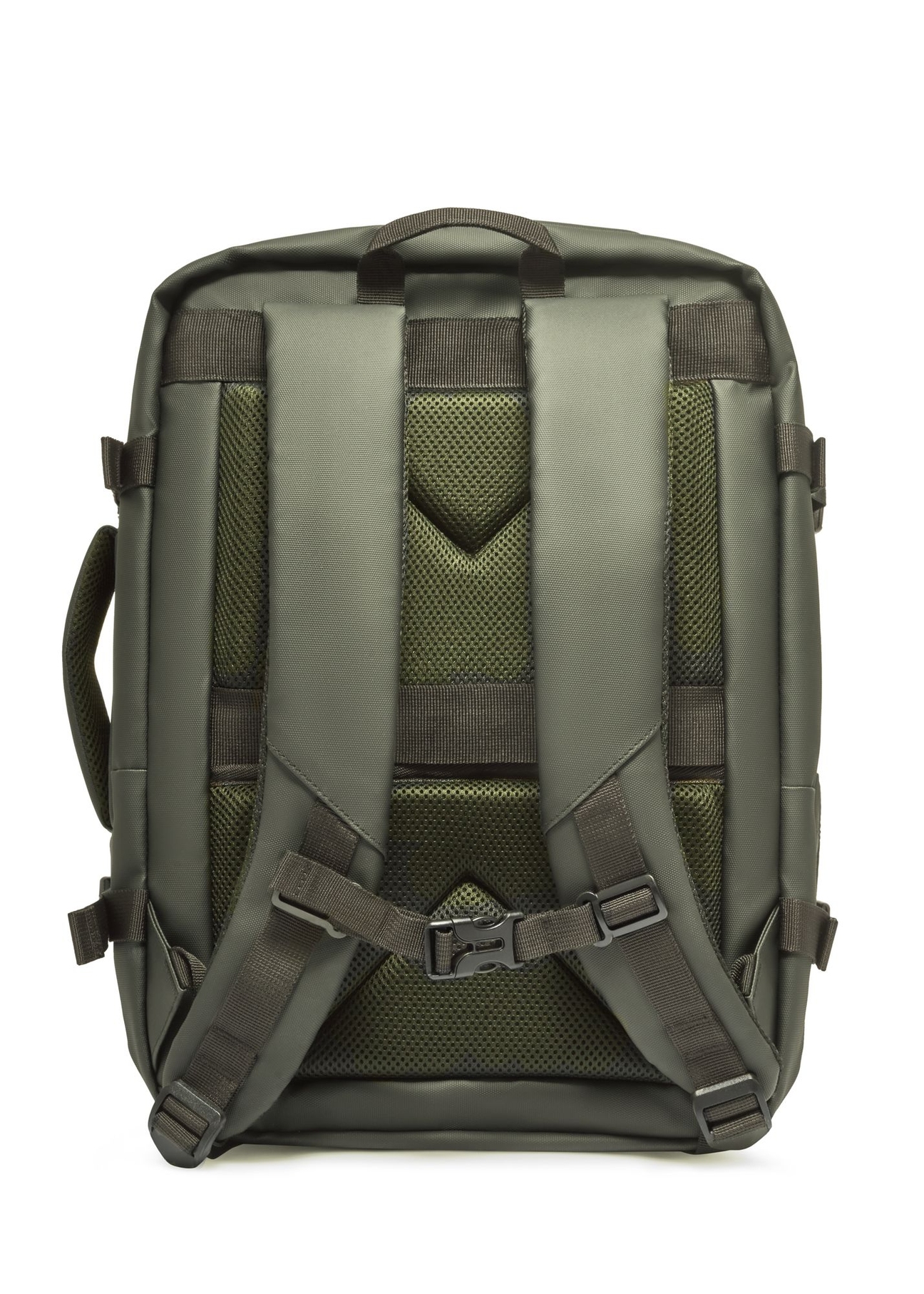Duży plecak podróżny khaki PLCMN-0018-8D(Z26) - widok produktu z tyłu, na białym tle. 