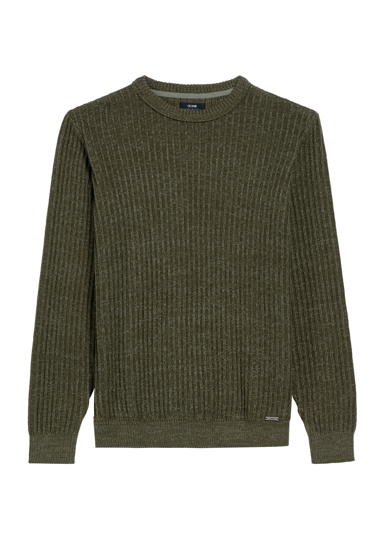 Sweter męski khaki SWEMT-0183-55(Z25), widok produktu z przodu na białym tle.