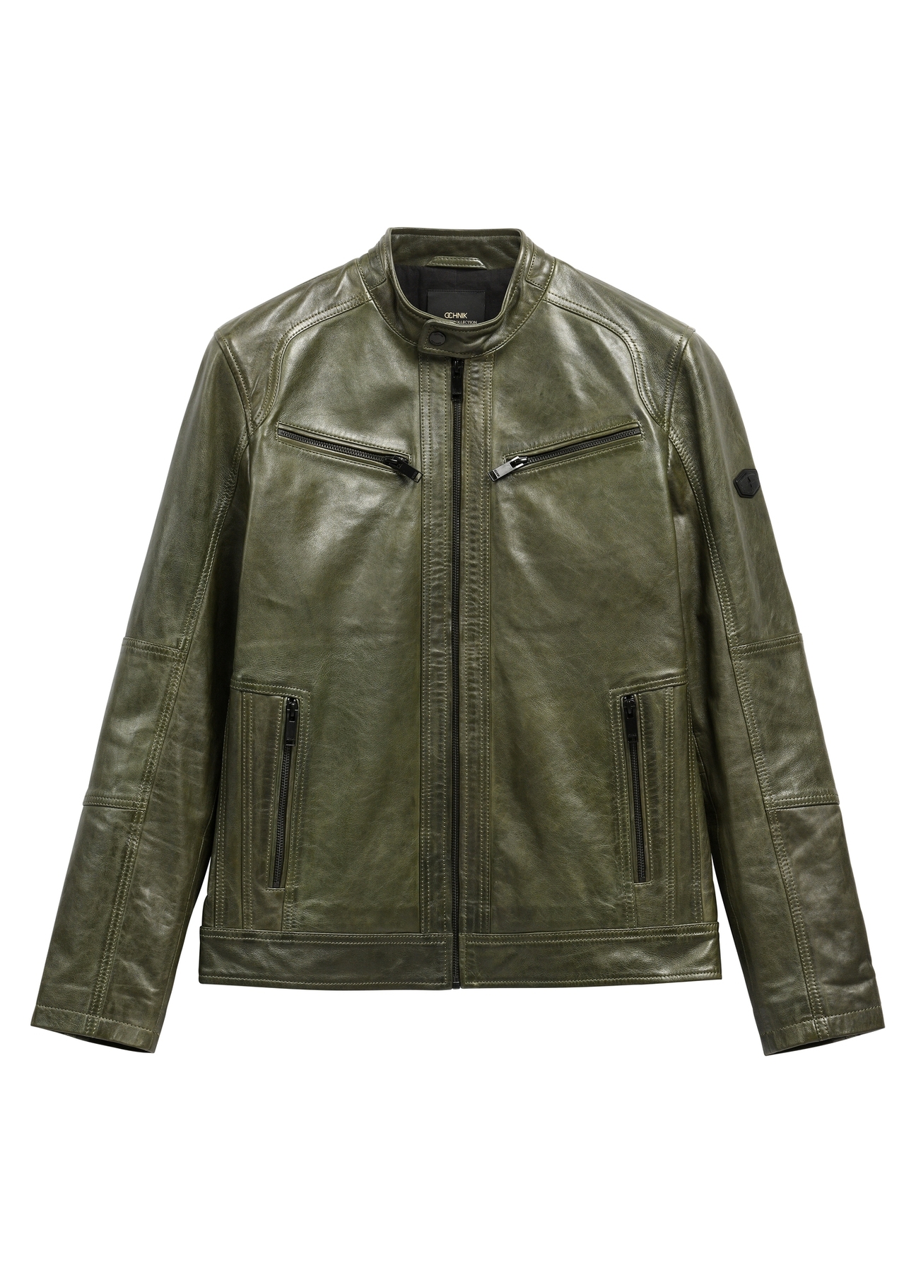 Skórzana kurtka męska w kolorze khaki KURMS-0338-8D(W26) - widok produktu z przodu, na białym tle.