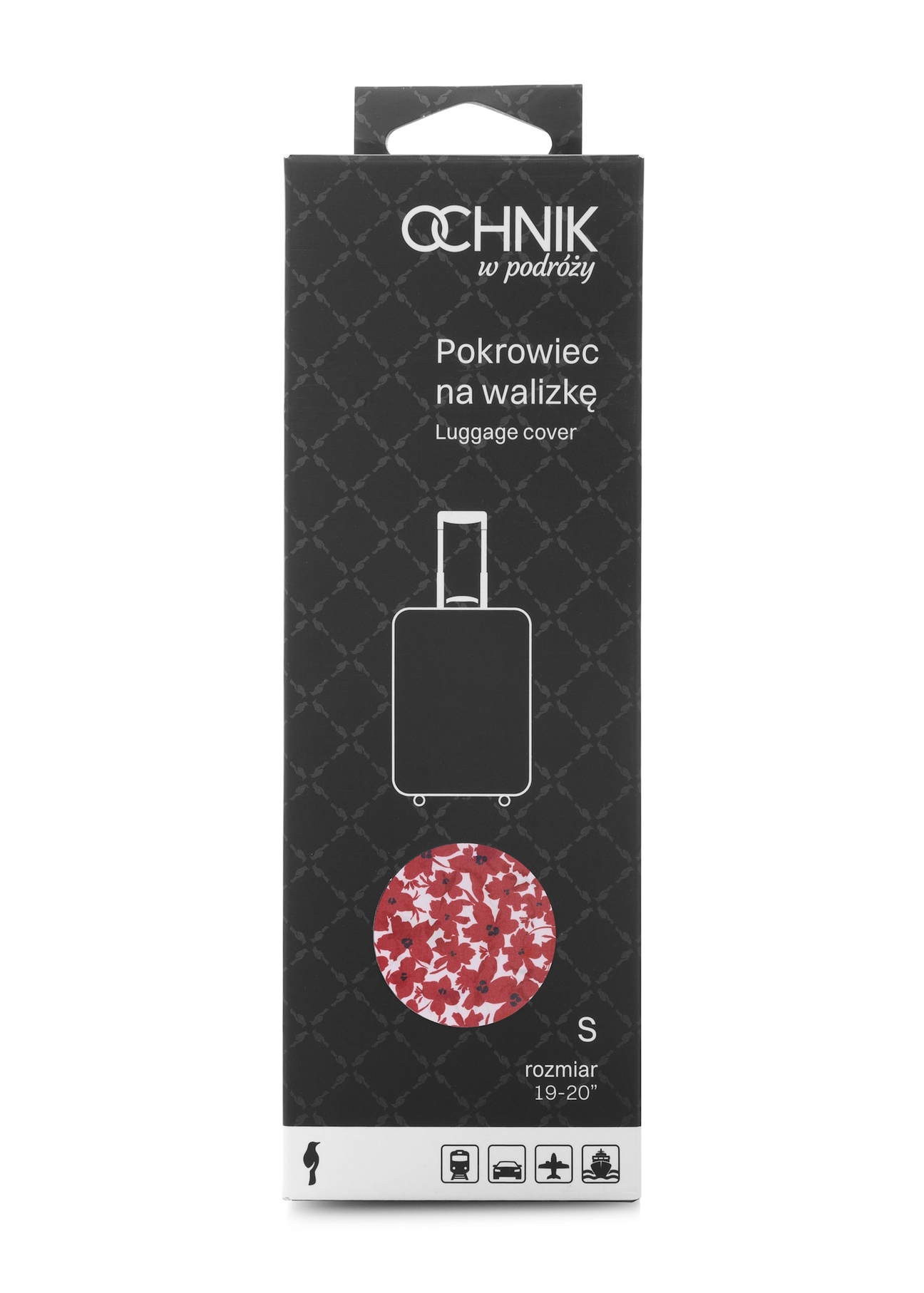 Pokrowiec na walizkę z kwiatami na małą walizkę AW-013-0005-42-S(W25), widok produktu w opakowaniu na białym tle.