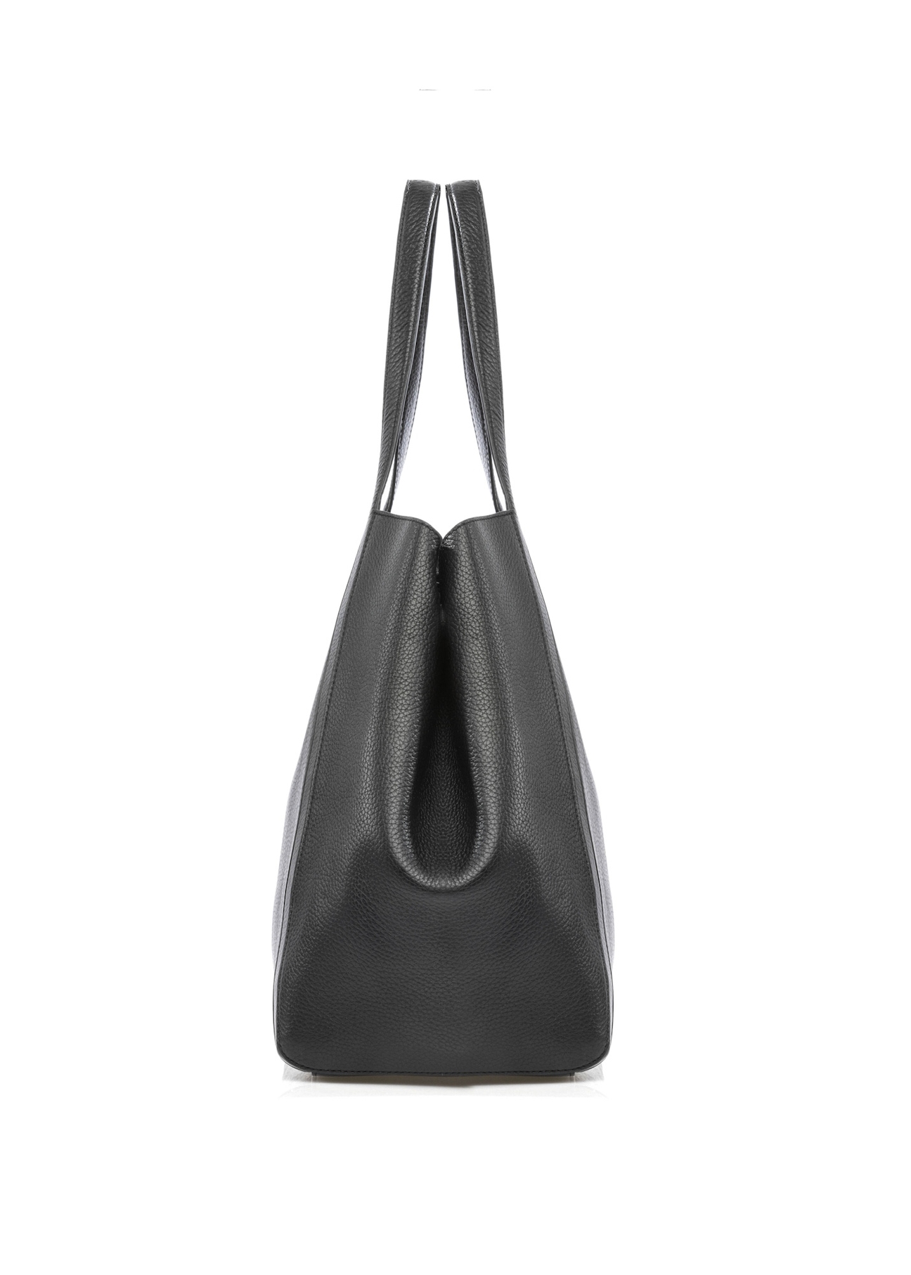 Czarna skórzana torebka shopper damska TORES-1208-9I(W26), widok produktu z boku na białym tle.