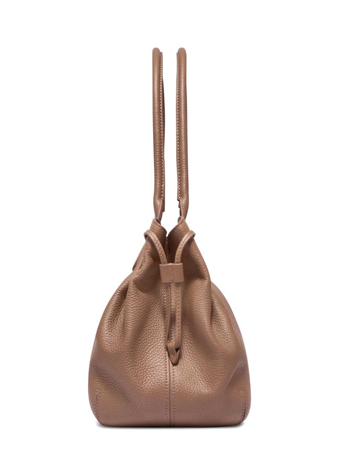Skórzana torebka shopper w kolorze ciemnego beżu TORES-1360-1K(Z26) - widok produktu z boku, na białym tle. 