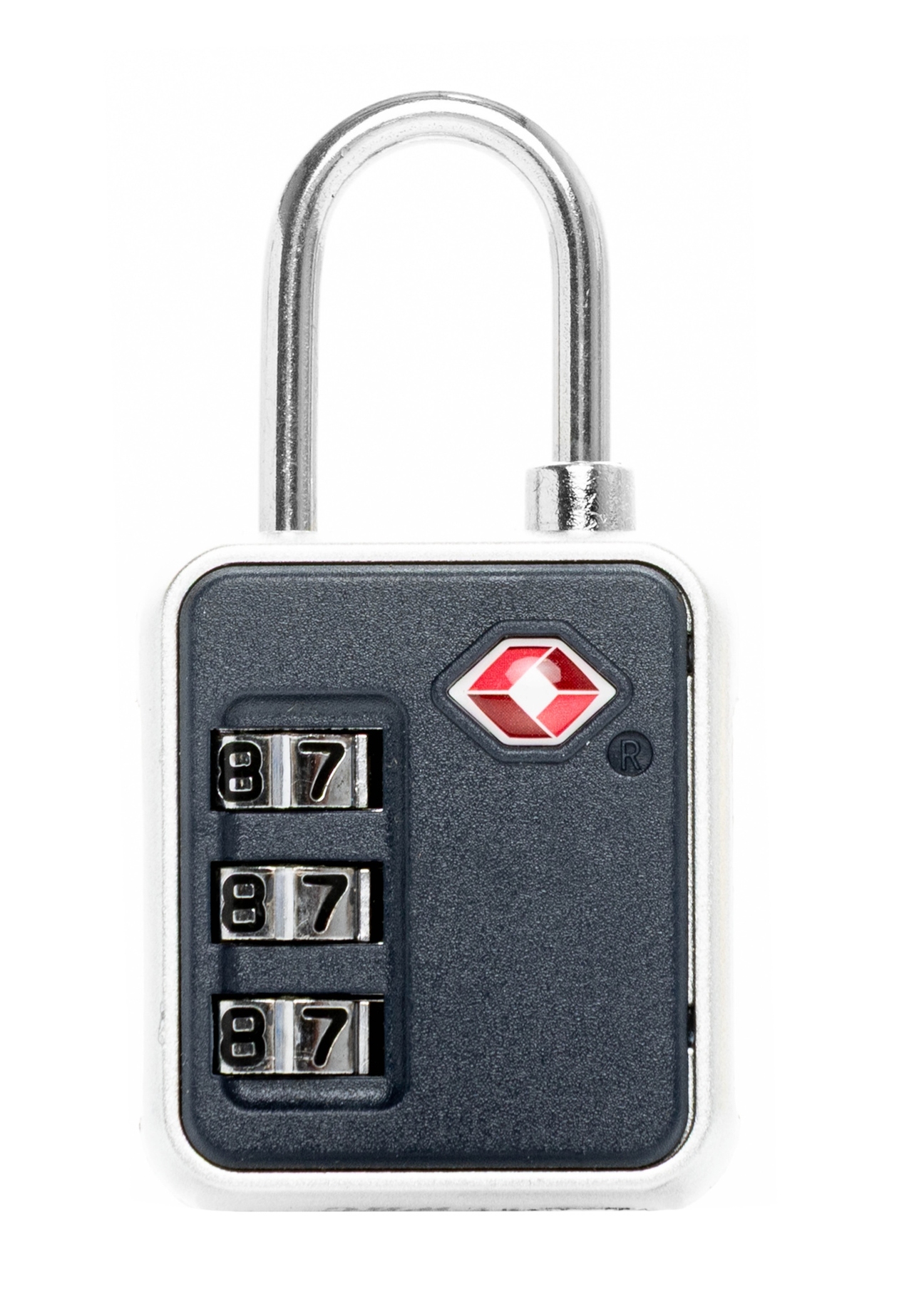 Granatowa kłódka szyfrowa do bagażu AW-015-0008-7D(W26), widok produktu z tyłu na białym tle.