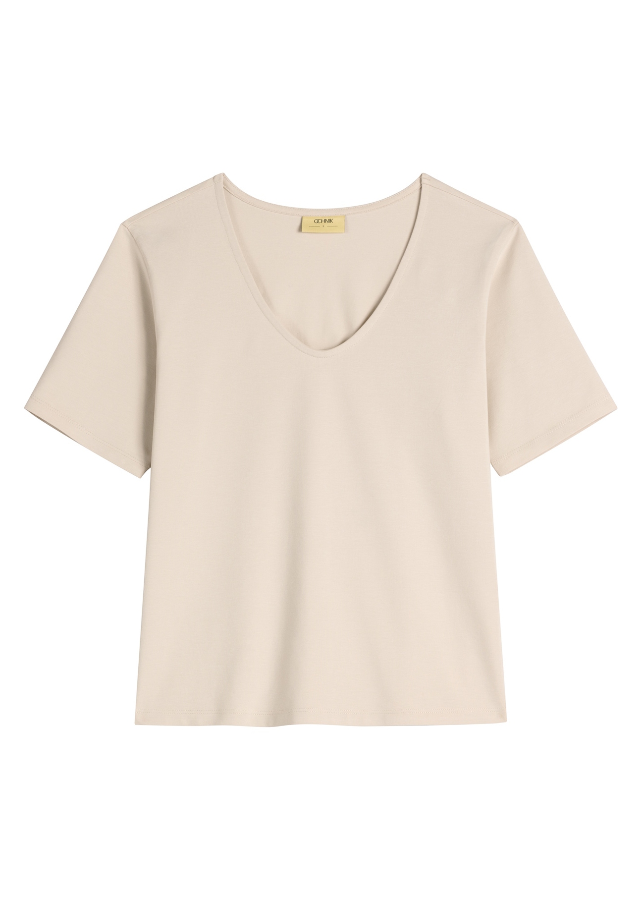Jasnobeżowy bawełniany T-shirt damski TSHDT-0151-1A(W26), widok produktu z przodu na białym tle.