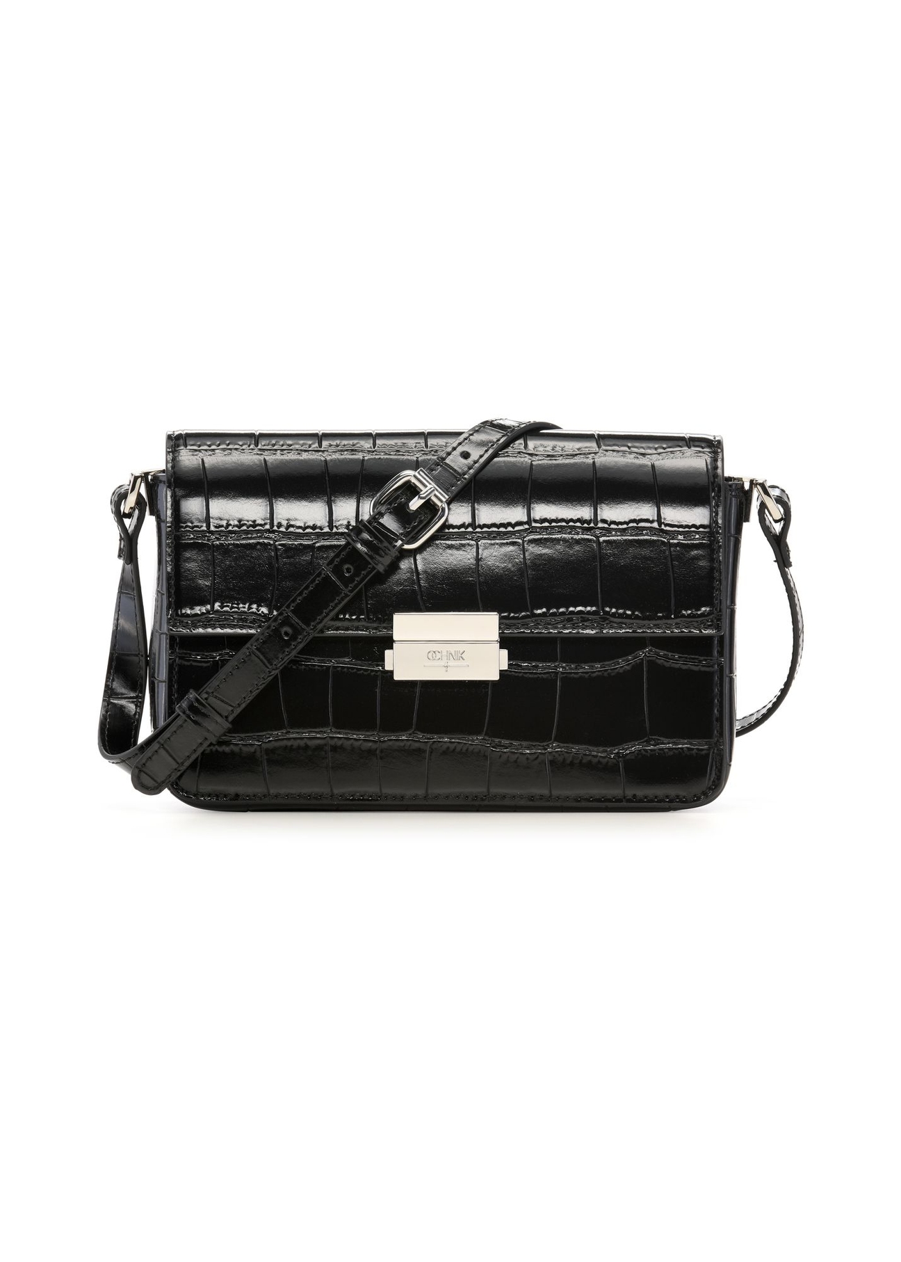 Elegancka czarna torebka damska croco TOREC-1251-9G(Z26) - widok produktu z przodu, na białym tle.