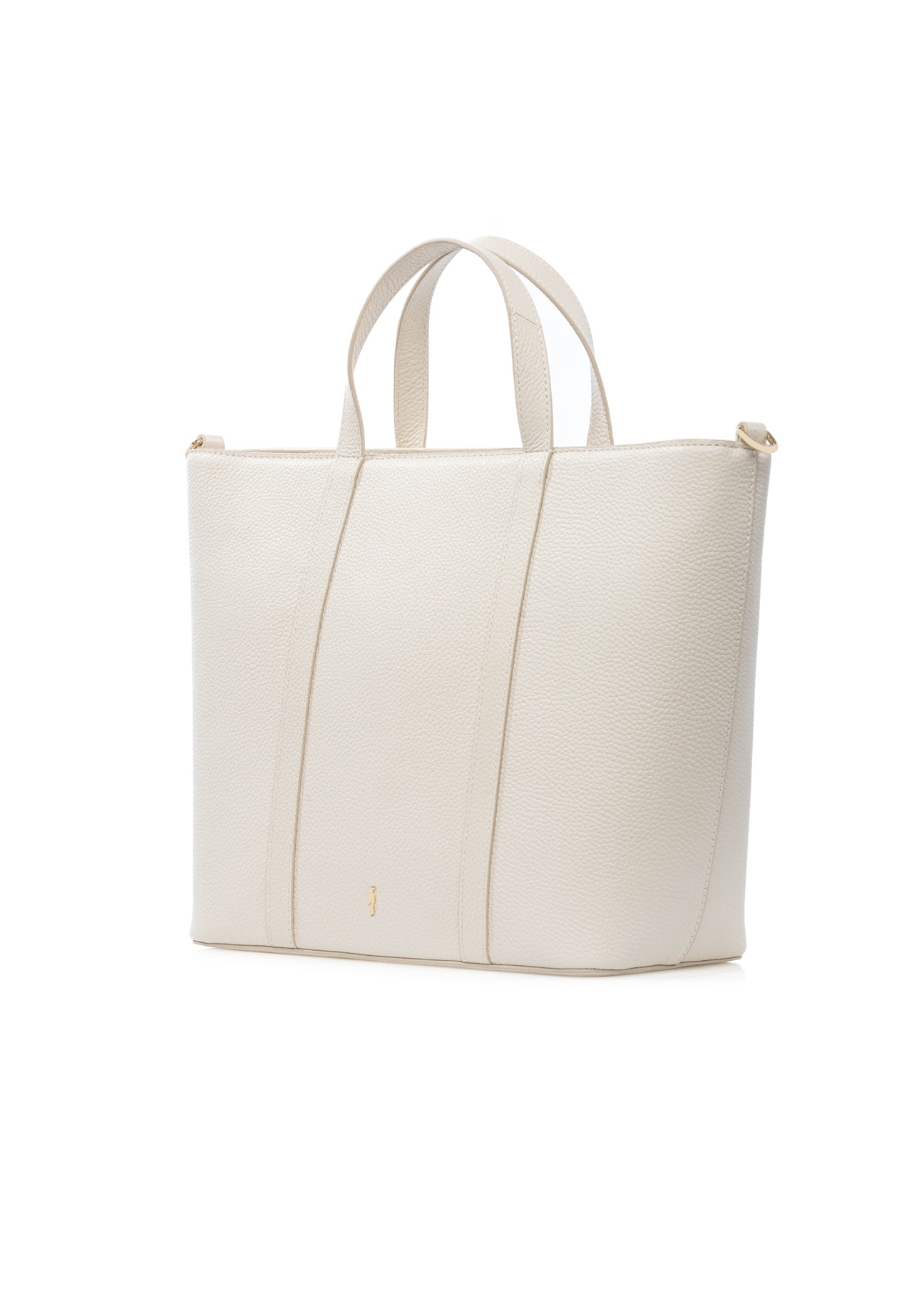 Kremowa skórzana torebka shopper TORES-1272-0B(W26), widok produktu skosem na białym tle.