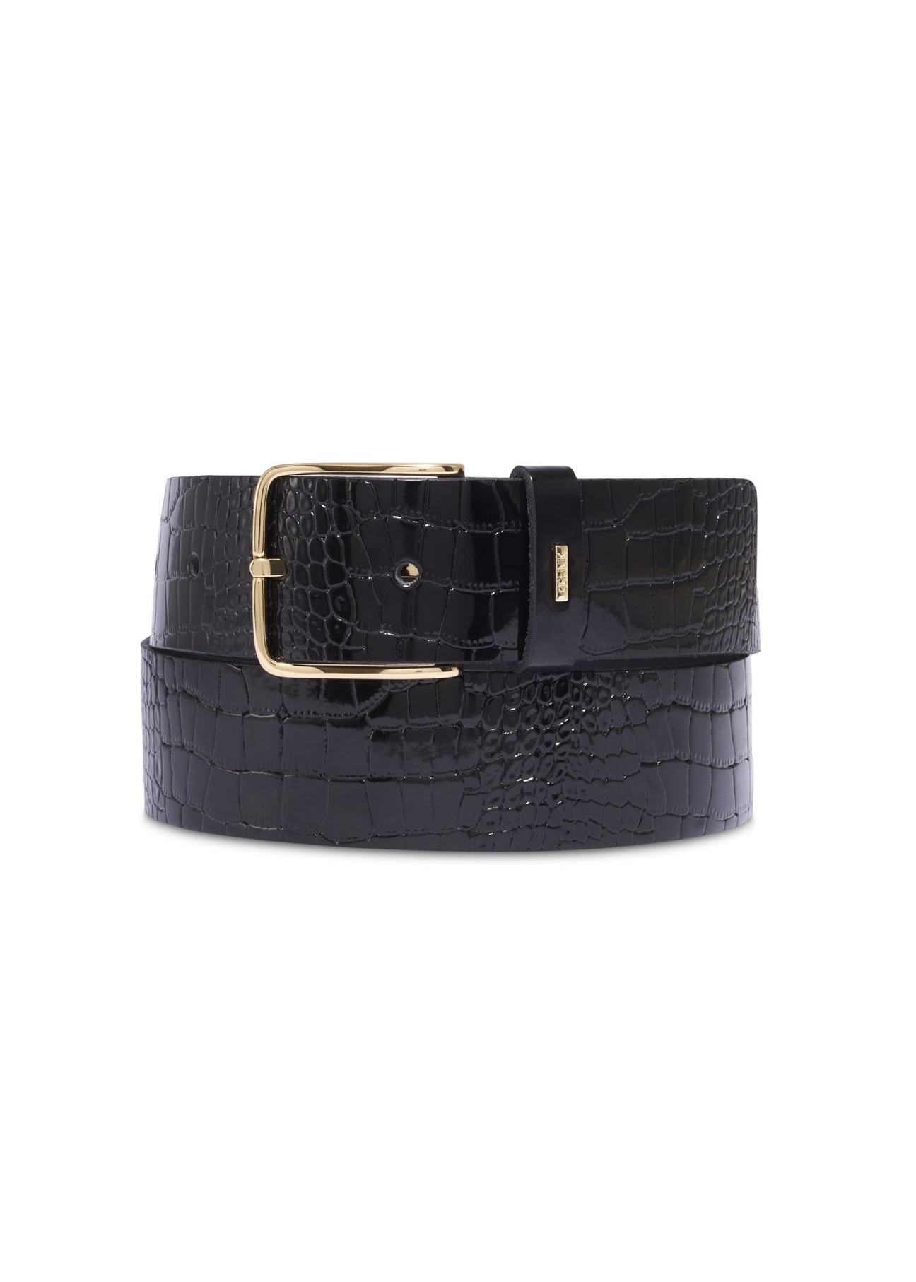 Czarny skórzany pasek damski croco PASDS-0357-9G(Z26) - widok produktu z przodu, na białym tle. 
