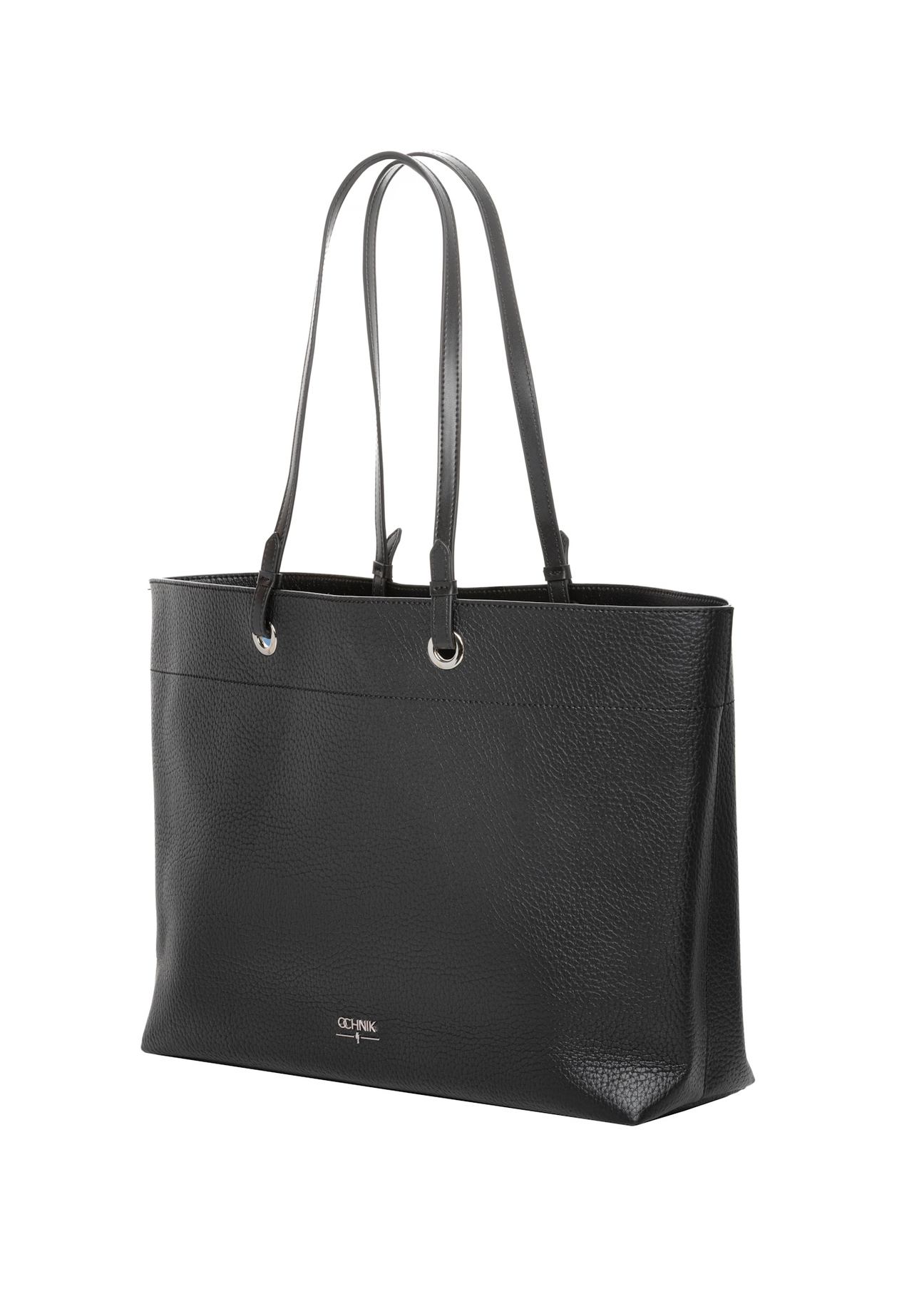 Czarna groszkowana torebka shopper TOREC-1252-9I(Z26), widok produktu skosem na białym tle.