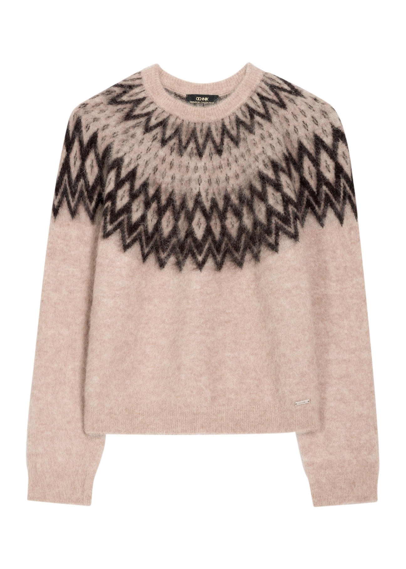 Sweter damski w kolorze chłodnego beżu z wełną SWEDT-0284-1J(Z26), widok produktu z przodu na białym tle.