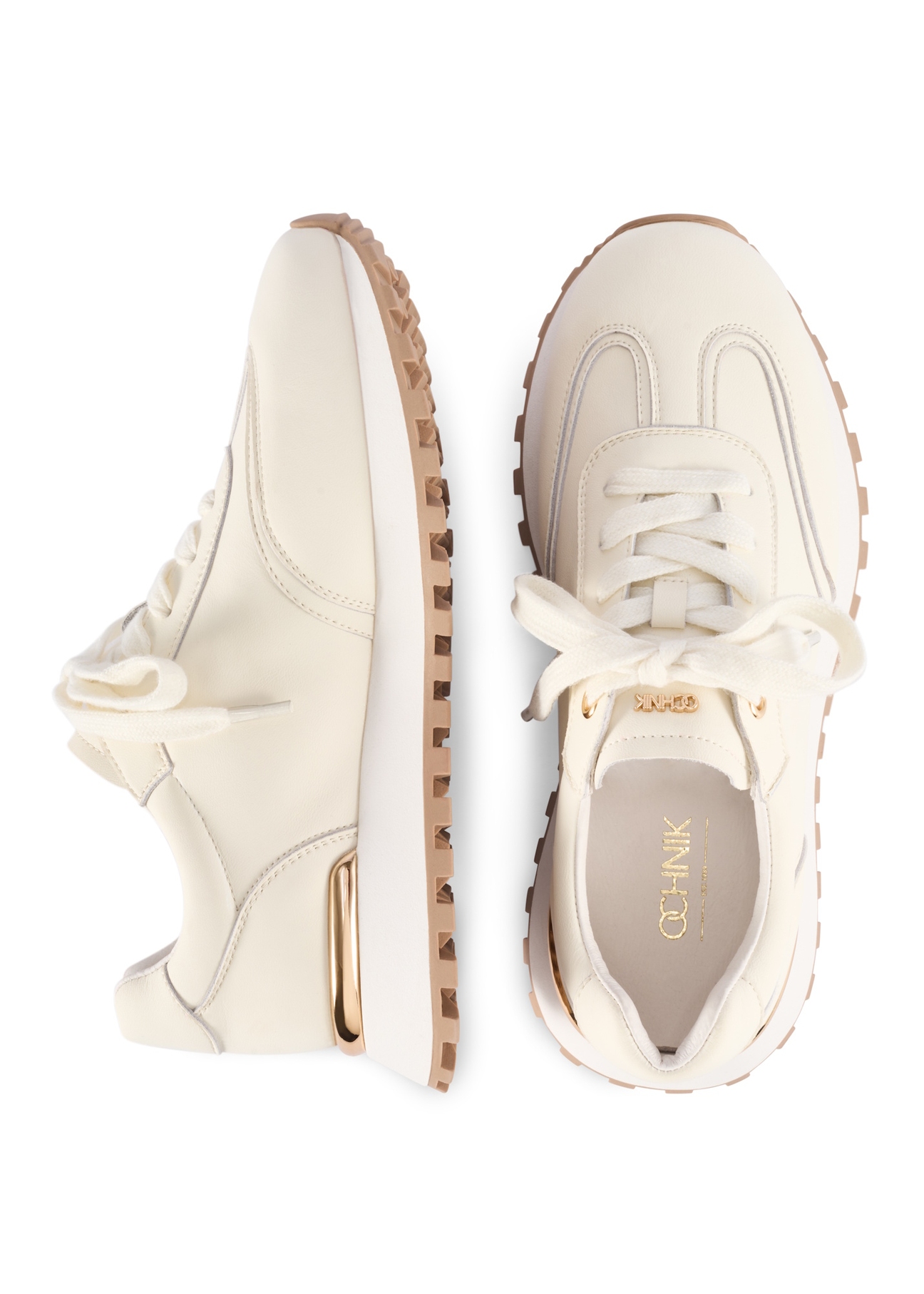 Skórzane sneakersy damskie w kolorze kremowym BUTYD-1270-0B(W26), widok produktu z góry na białym tle.