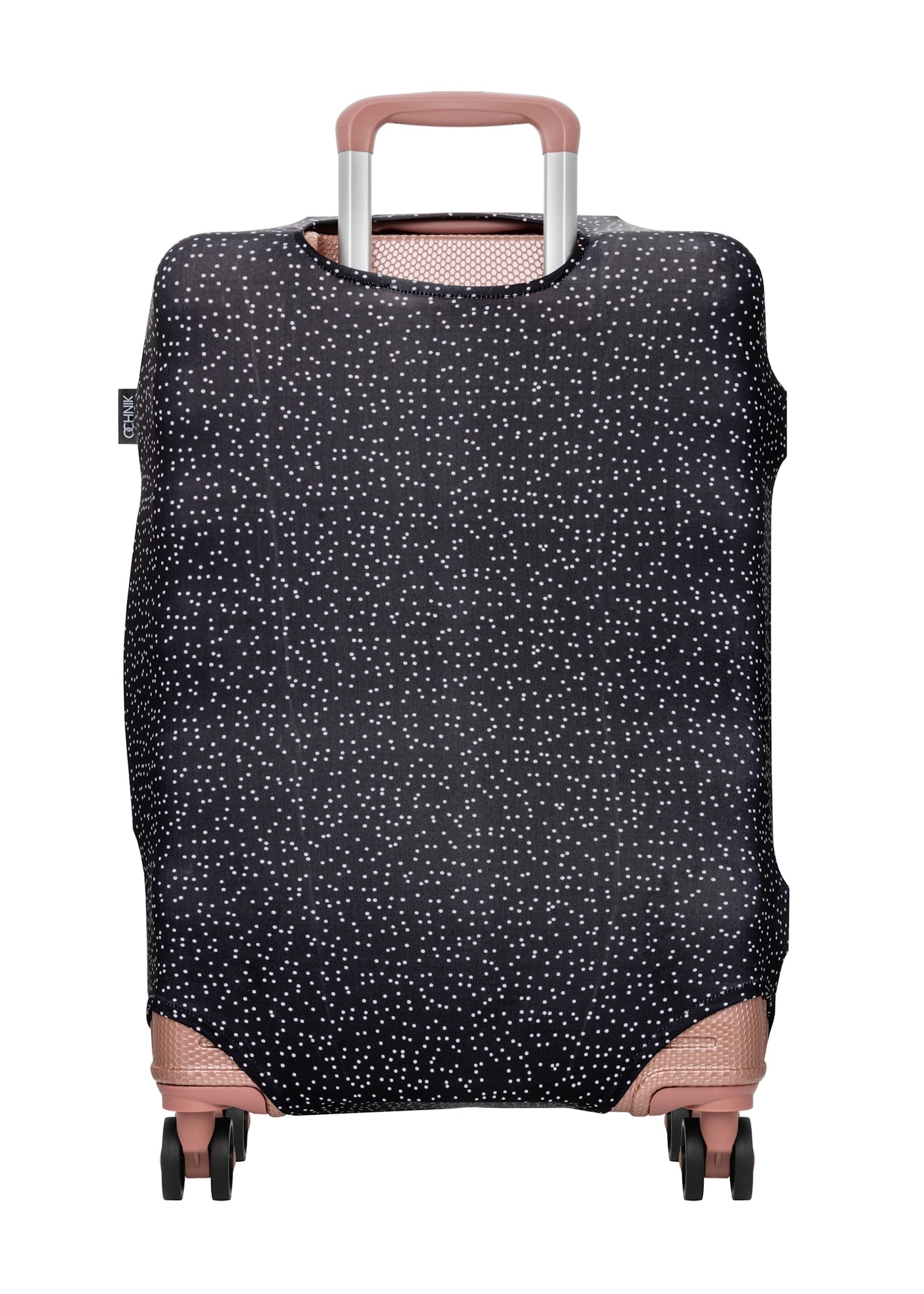 Pokrowiec na średnią walizkę w kropki AW-013-0007-9P-M(W26), widok produktu z tyłu na walizce.
