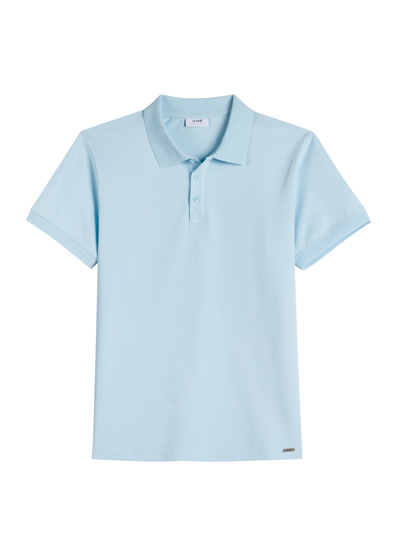 Błękitna koszulka polo męska POLMT-0089-7A(W26), widok produktu z przodu na białym tle.