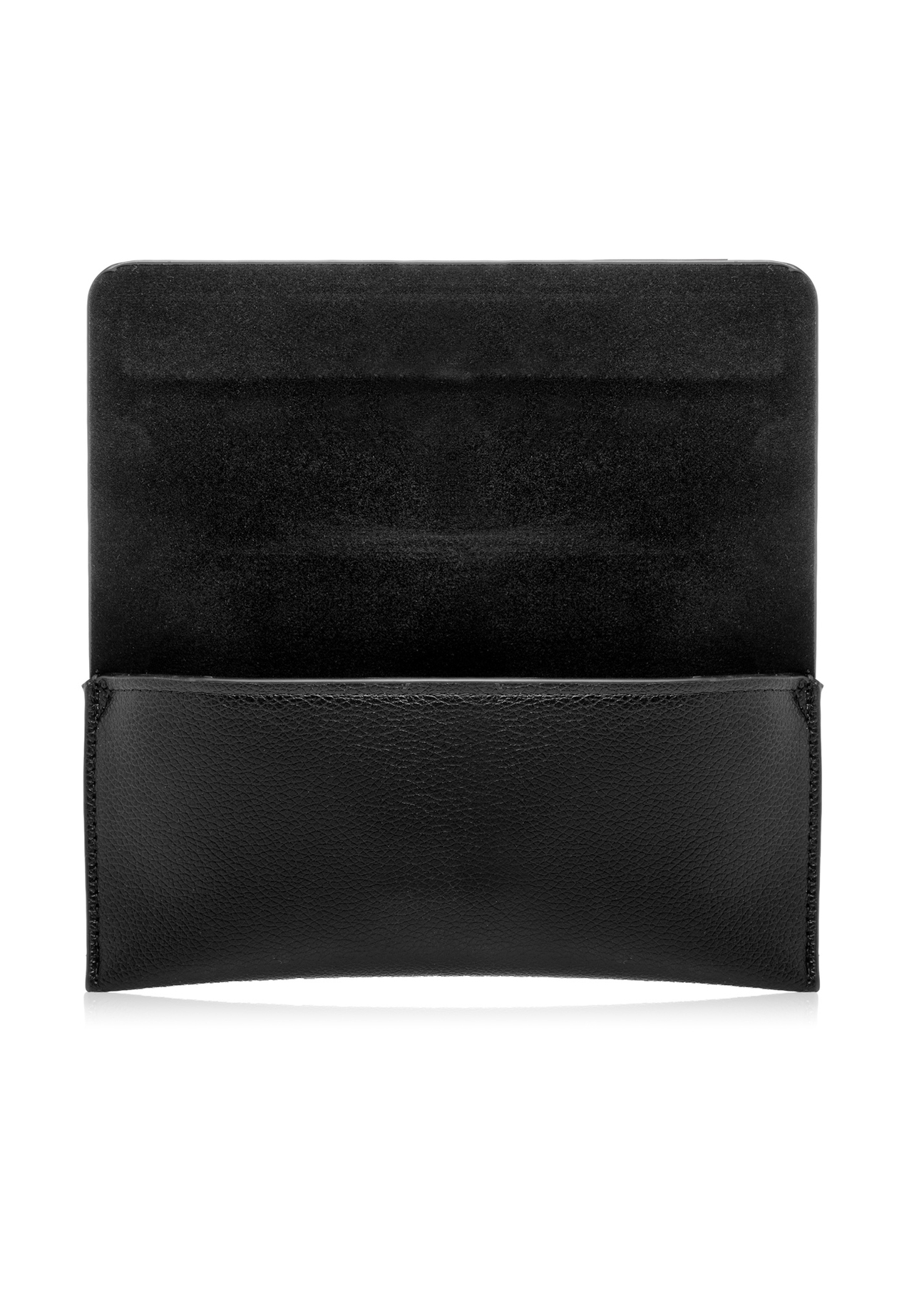 Czarne etui na okulary z imitacji skóry POREC-0434-99(W26), widok produktu z otwartą klapą na białym tle.