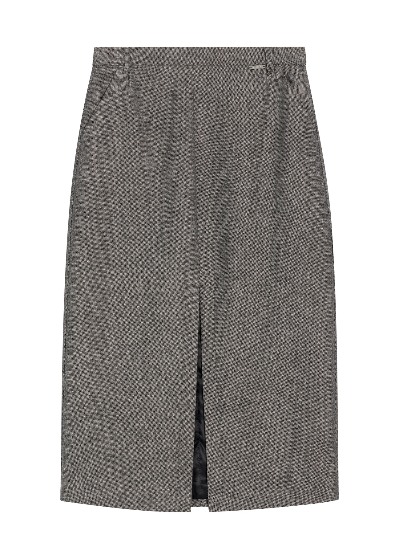 Szara wełniana spódnica midi SPCDT-0133-9D(Z26) - widok produktu z przodu, na białym tle. 