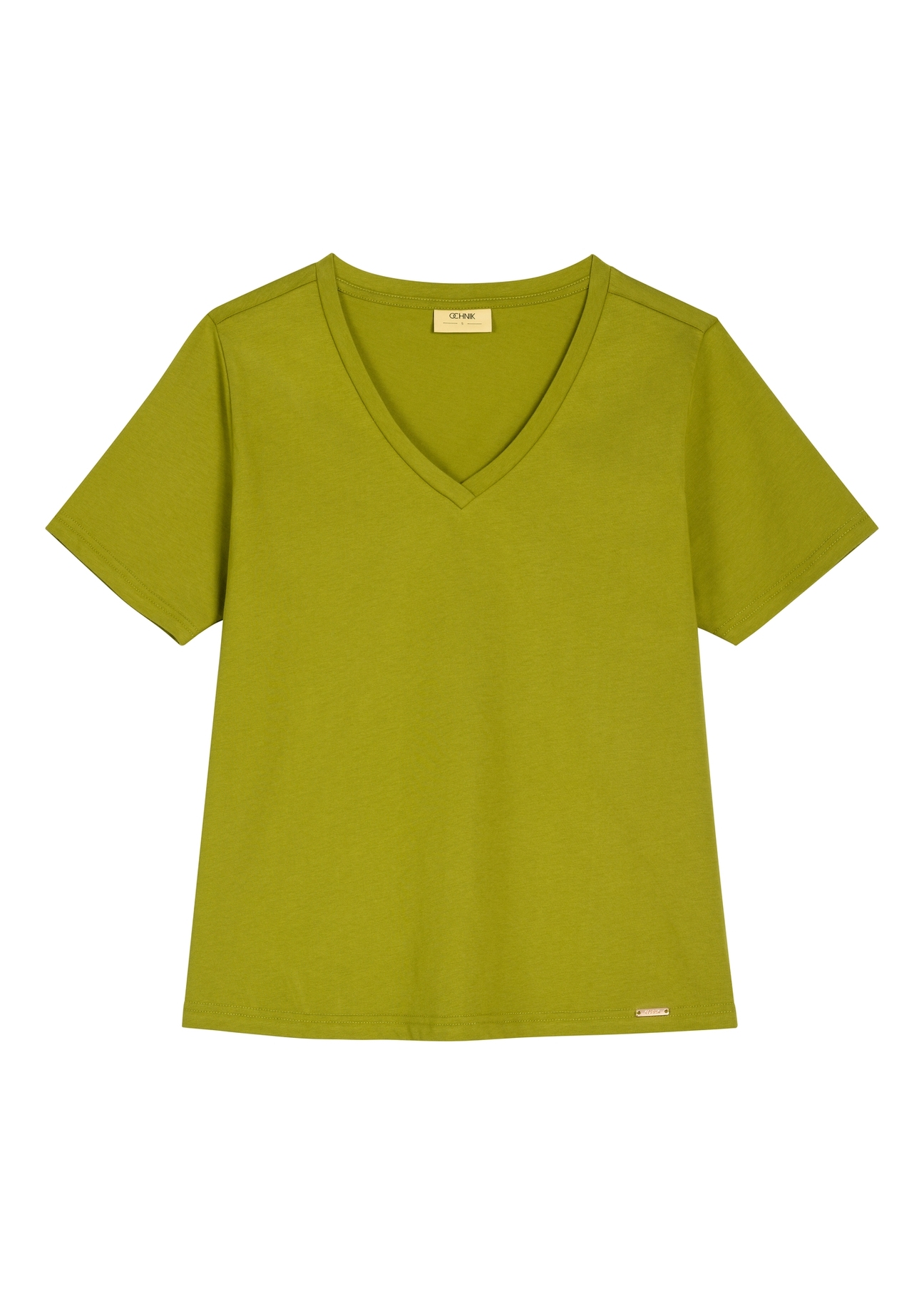 Oliwkowy T-shirt damski basic TSHDT-0120-8E(W26), widok produktu z przodu na białym tle.