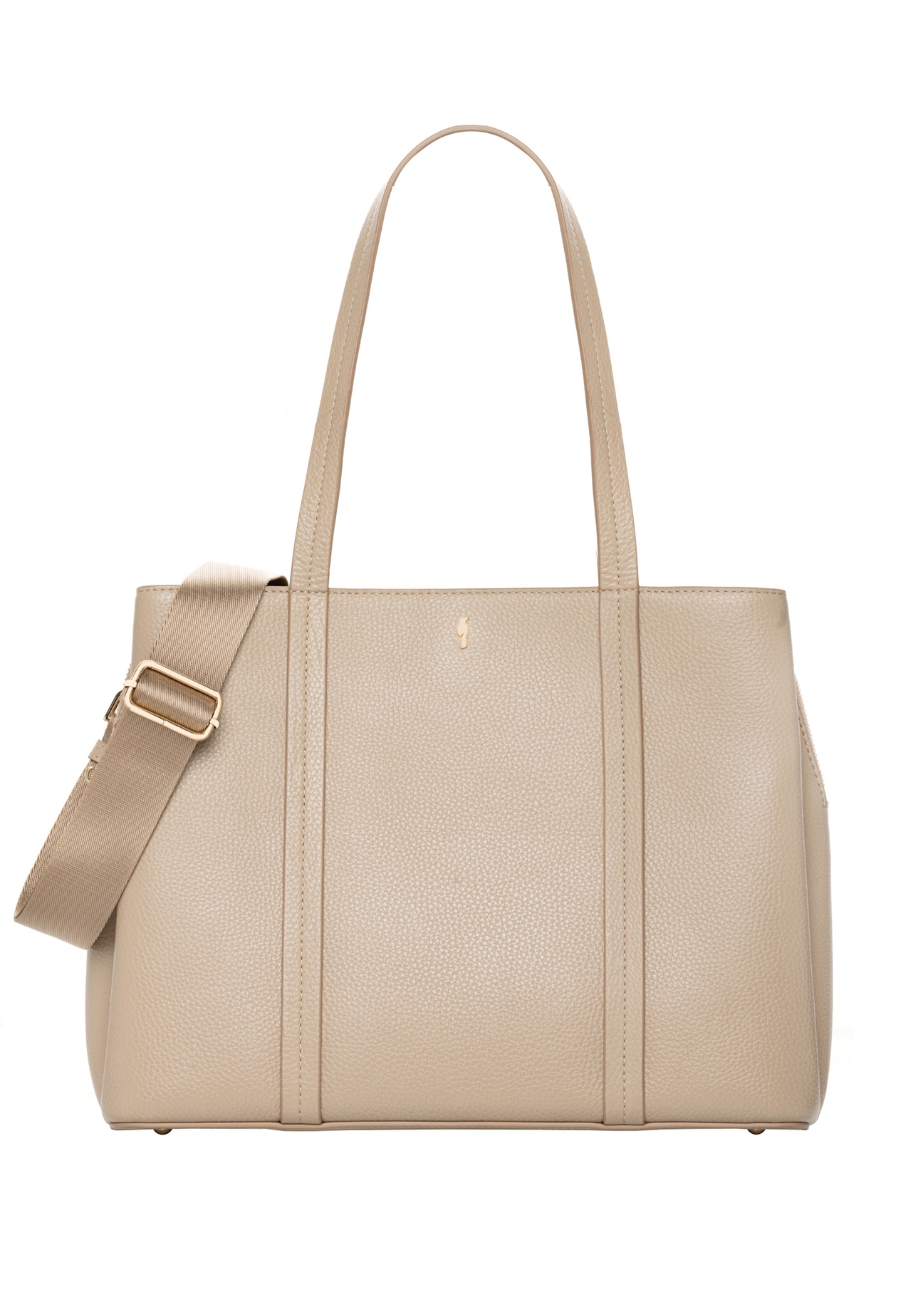 Beżowa skórzana torebka shopper TORES-1342-1B(Z26), widok produktu z przodu na jasnym tle.