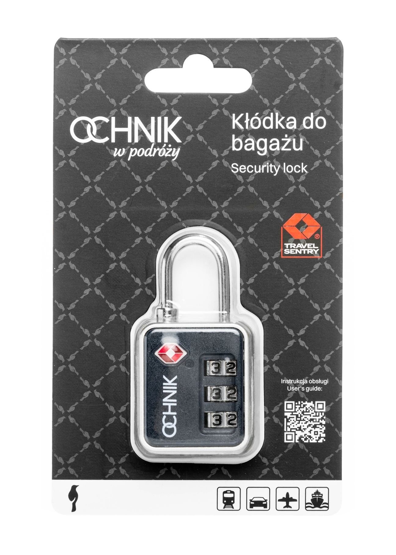 Granatowa kłódka szyfrowa do bagażu AW-015-0008-7D(W26), widok produktu w opakowaniu na białym tle.