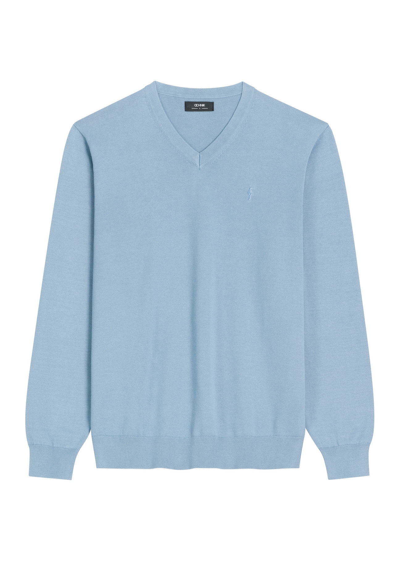 Niebieski sweter męski z logo SWEMT-0159A-7B(Z26), widok produktu z przodu na białym tle.