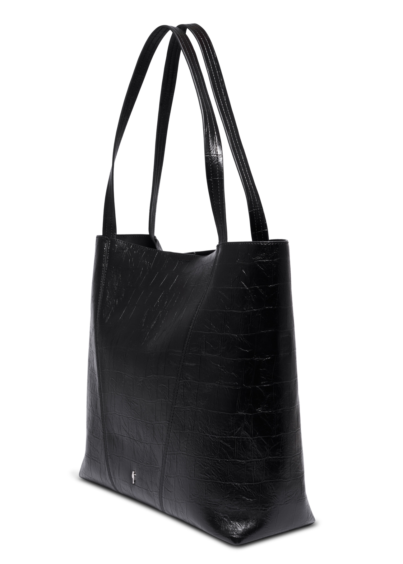 Czarna shopperka damska croco TOREC-1304-9G(Z26), widok produktu skosem na białym tle.