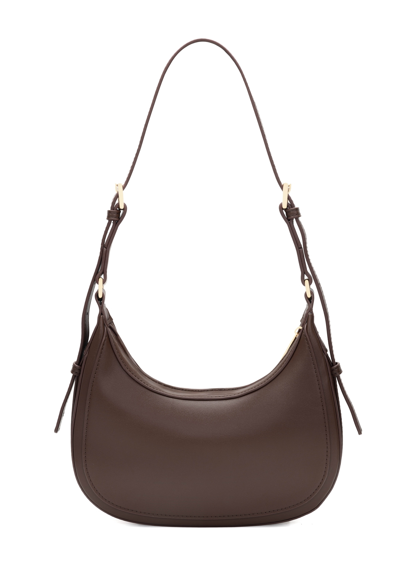 Brązowa mała torebka hobo TOREC-1136-1H(W26) - widok produktu z tyłu, na białym tle. 