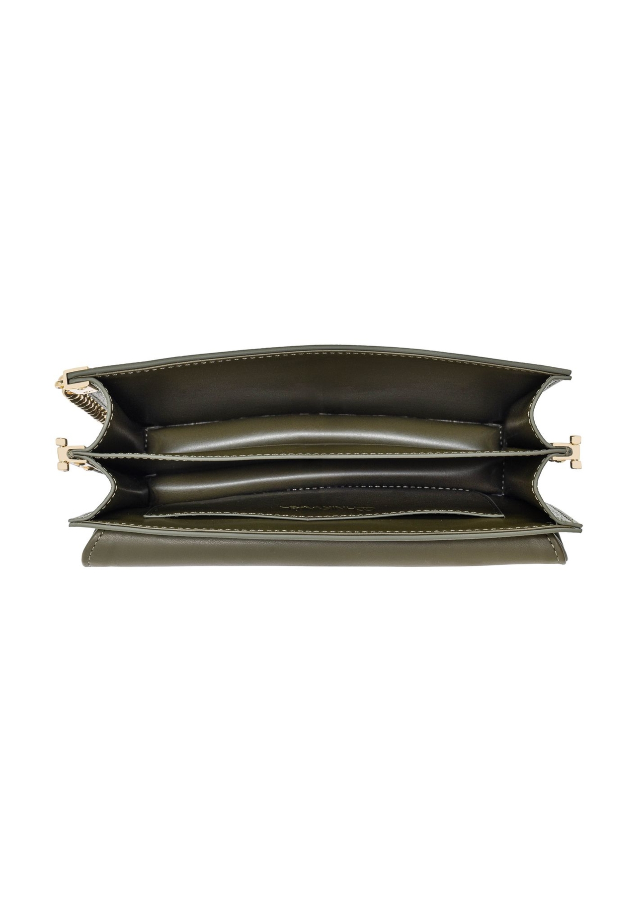 Torebka damska khaki z monogramem TOREC-0536B-55(W25) - widok otwartej torebki z góry na białym tle.