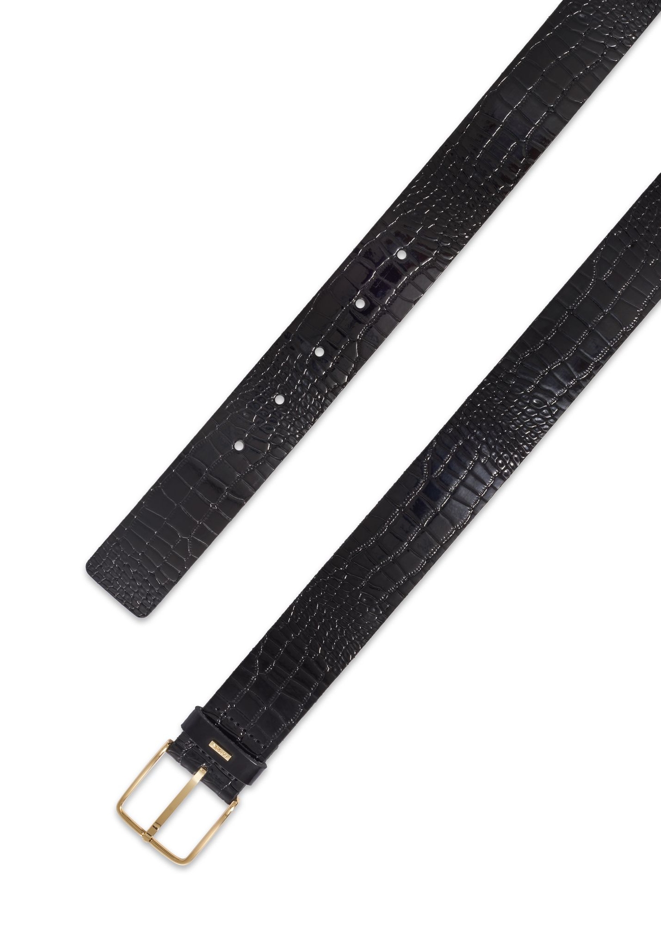 Czarny skórzany pasek damski croco PASDS-0357-9G(Z26) - zbliżenie na detal, na białym tle. 