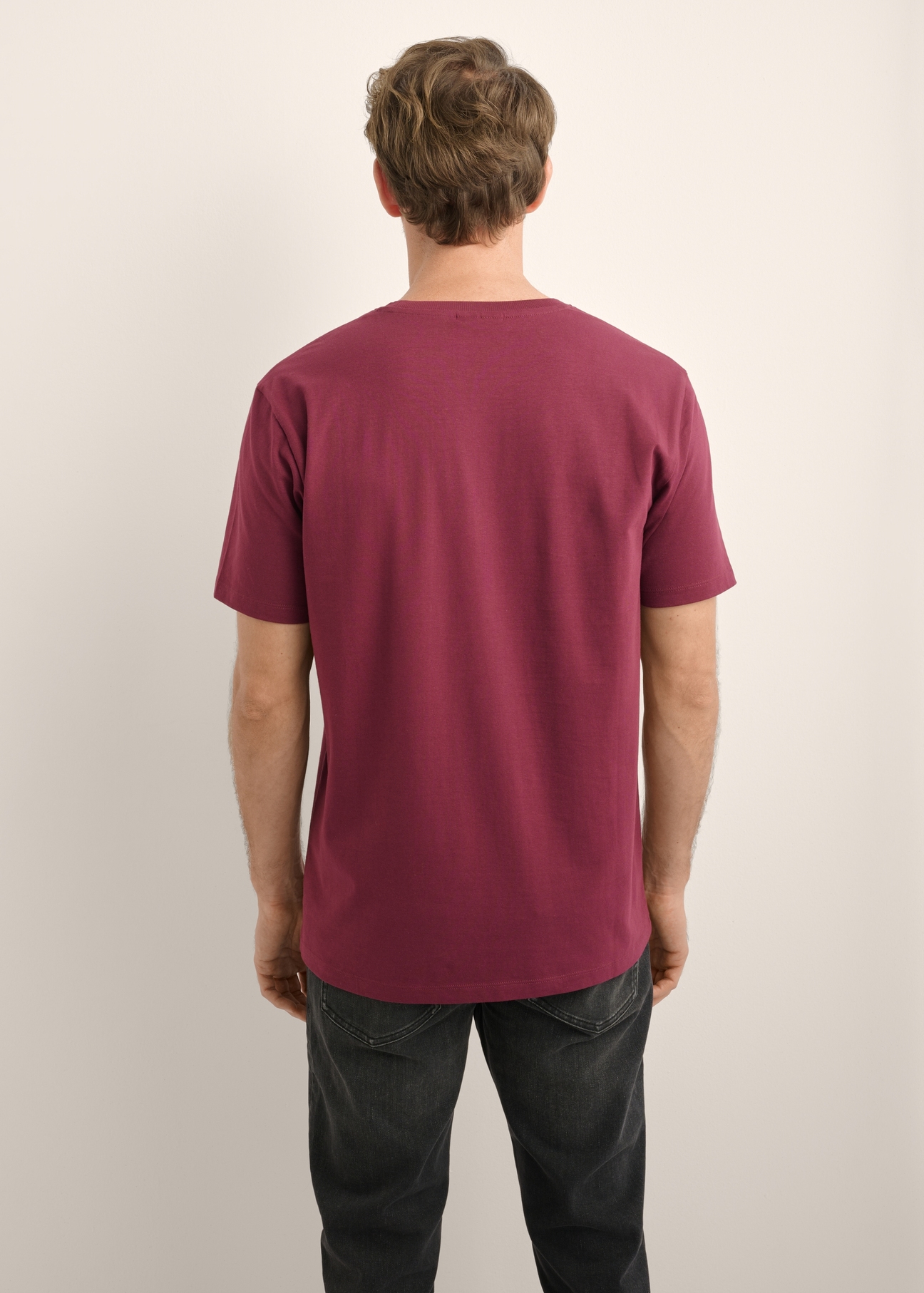 Bordowy T-shirt męski TSHMT-0120-4D(Z26), widok produktu od tyłu na modelu. Widoczna połowa sylwetki.