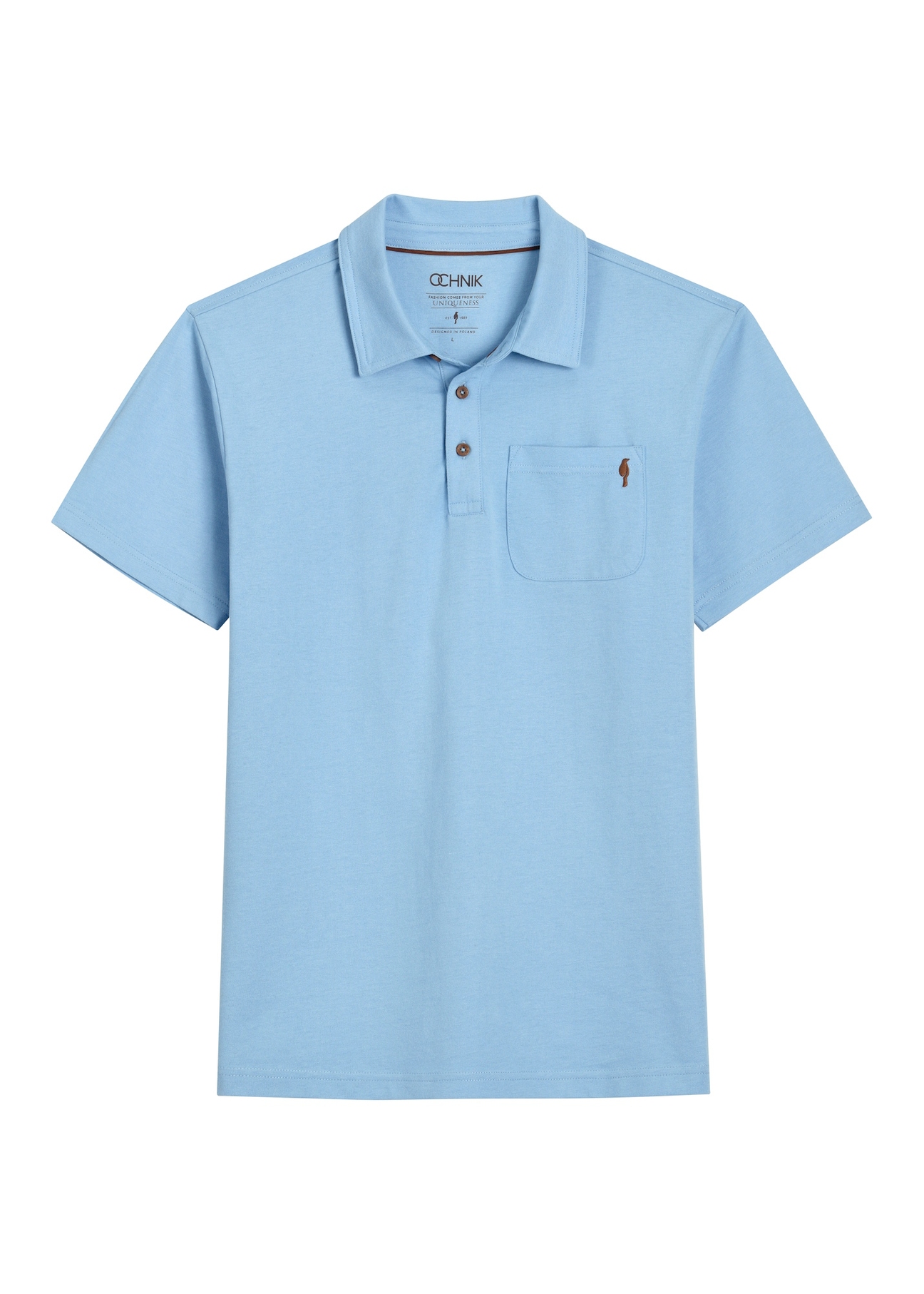 Niebieska męska koszulka polo POLMT-0088-7B(W26), widok produktu z przodu na białym tle.