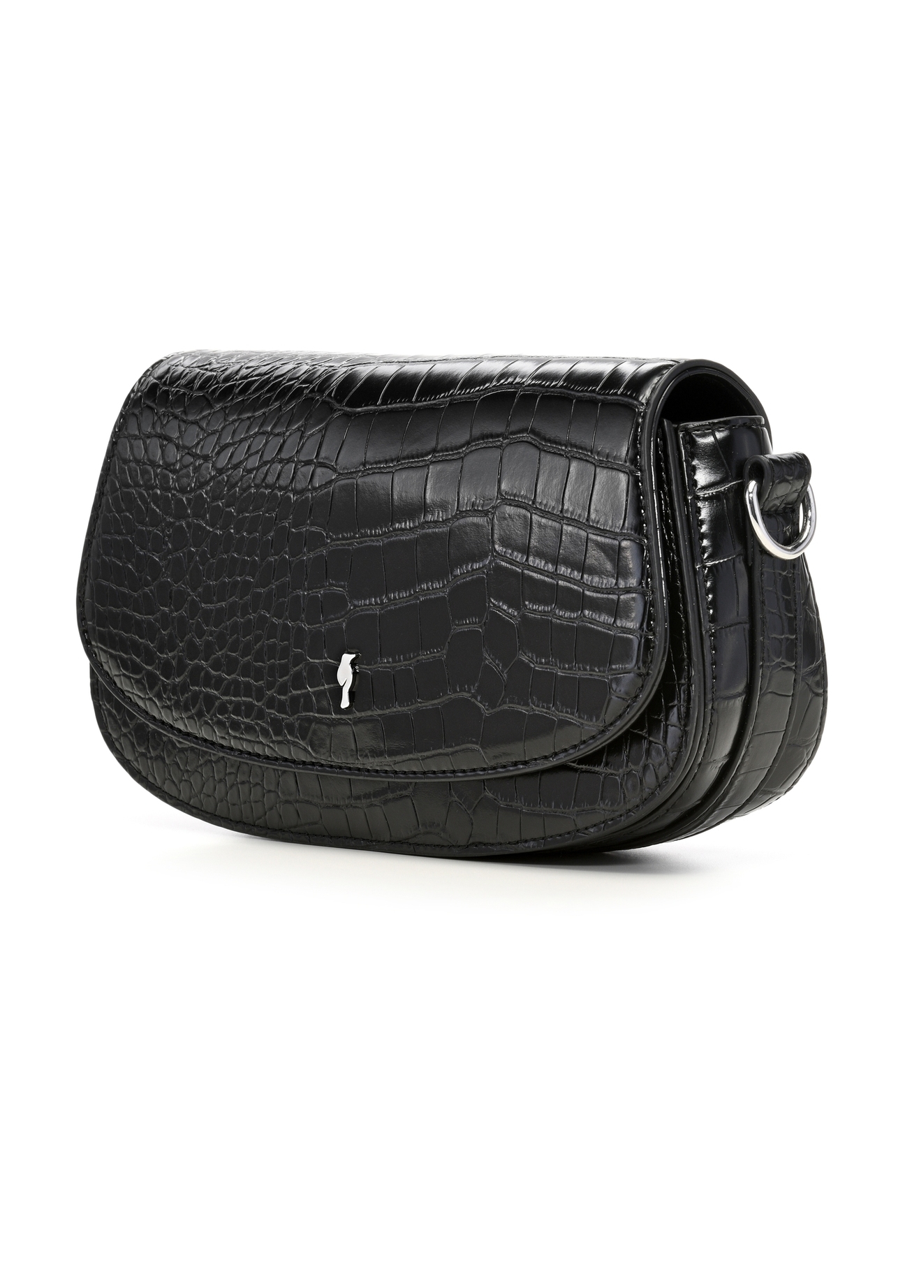 Mała czarna torebka damska croco TOREC-1264-9G(Z26), widok produktu skosem na białym tle.