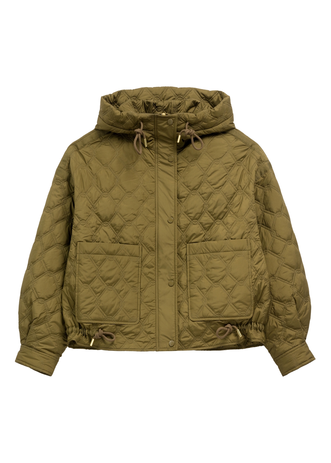Oliwkowa krótka pikowana kurtka oversize KURDT-0660-8D(W26) - widok produktu z przodu, na białym tle. 