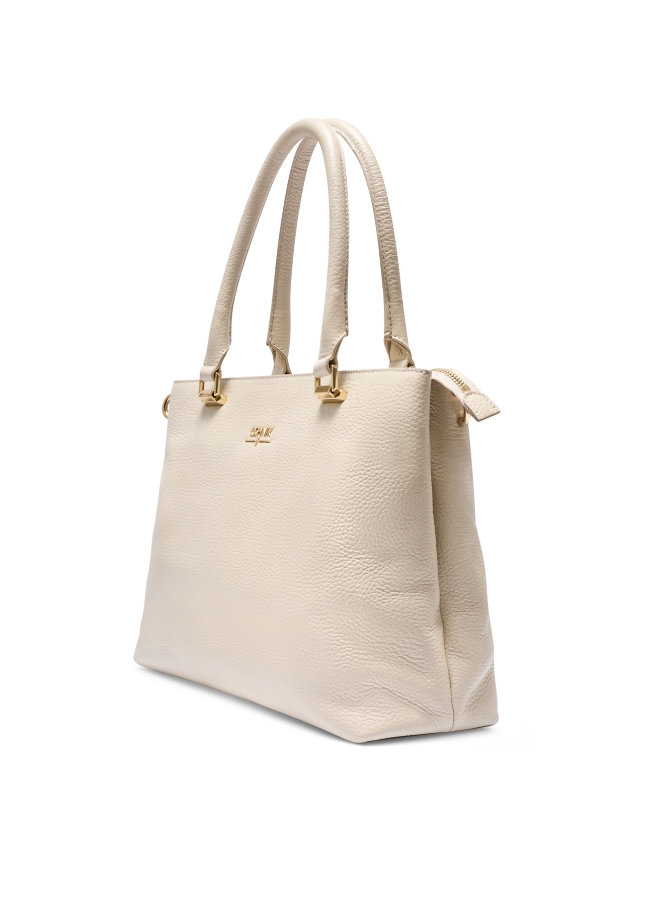 Skórzana kremowa torebka damska shopper TORES-1204-0B(W26), widok produktu skosem na białym tle.