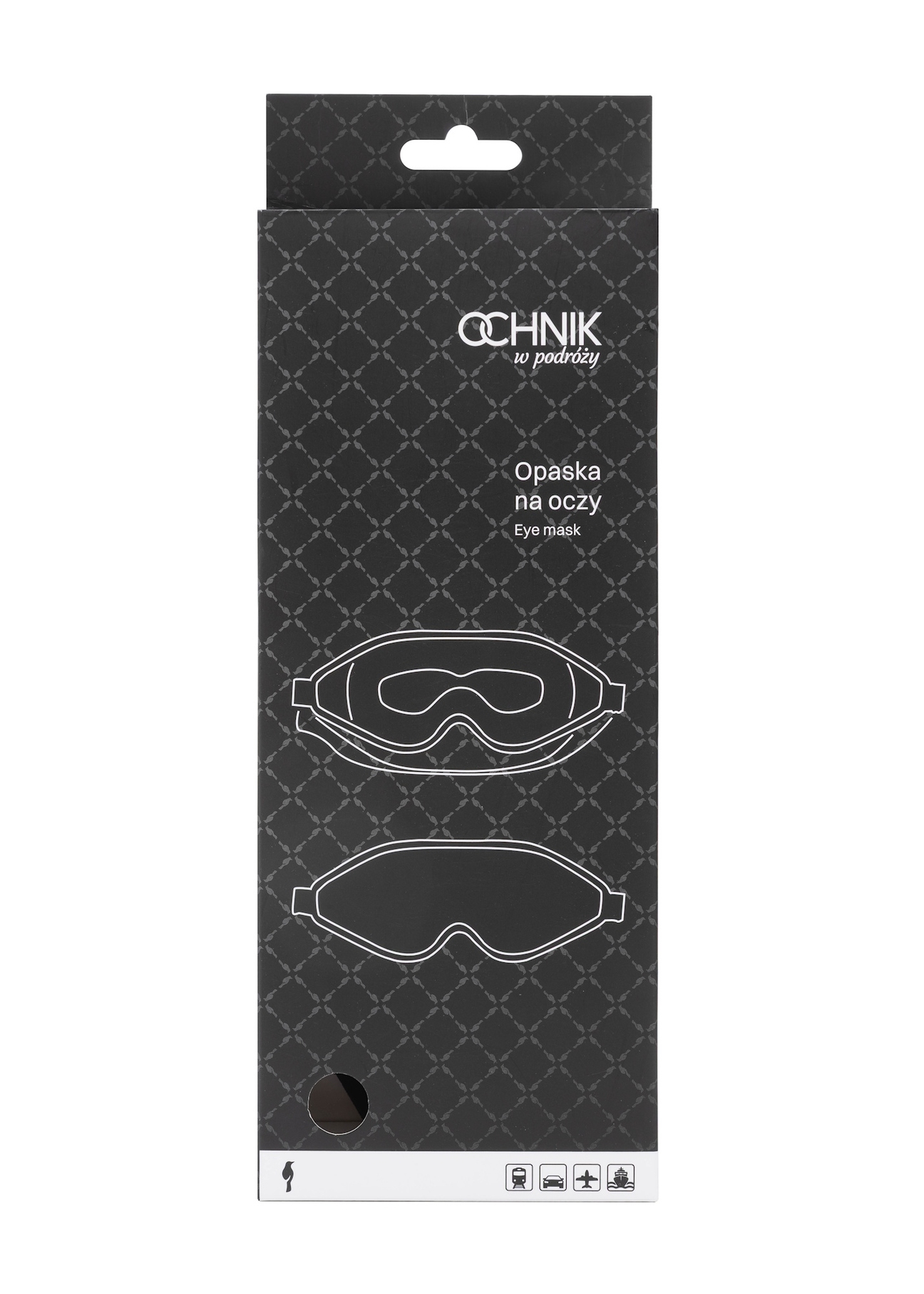 Opaska na oczy w kolorze czarnym AW-017-0001-99(W25), widok opakowania produktu na białym tle.