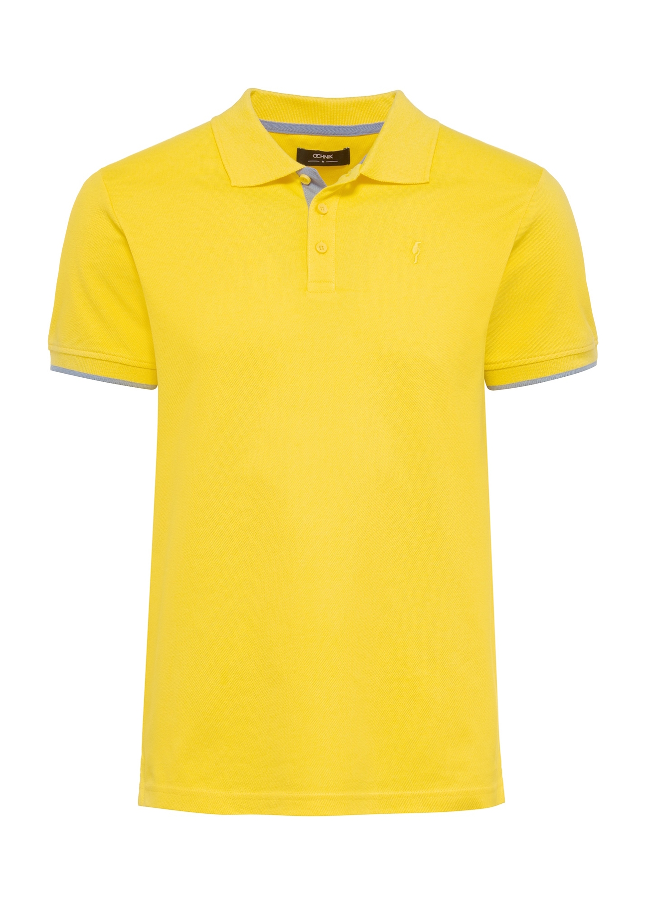 Żółta koszulka polo z bawełny POLMT-0045B-22(W25) - widok produktu z przodu na białym tle. 