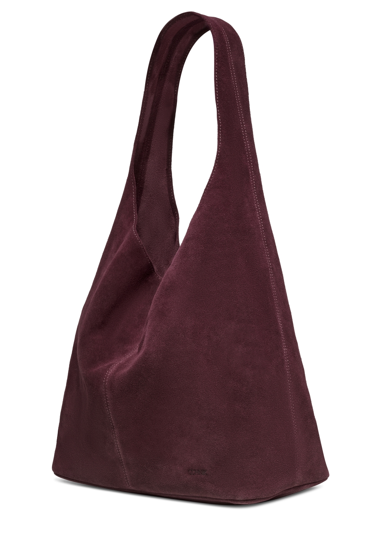 Bordowa zamszowa torebka shopper TORES-1403-4D(Z26) - widok produktu po skosie, na białym tle. 