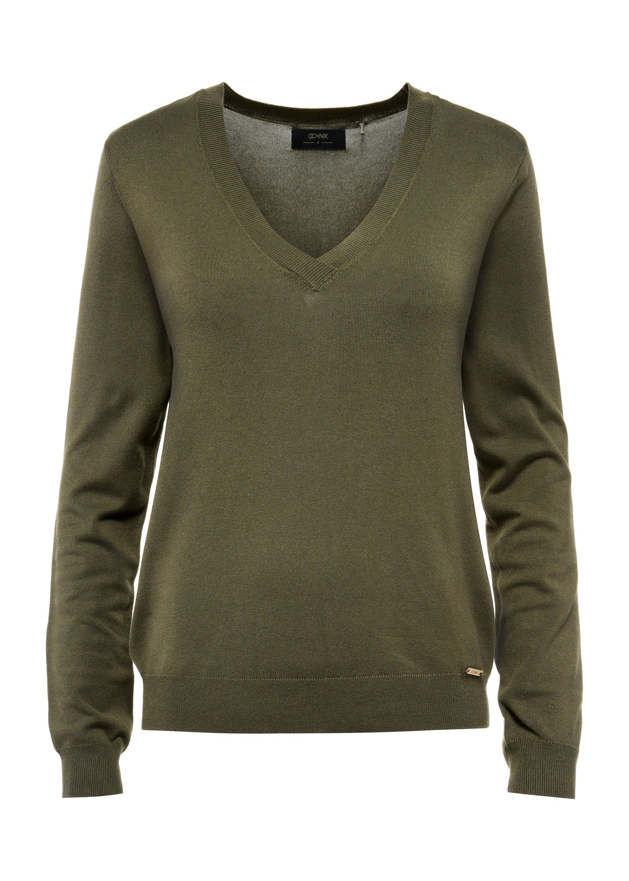 Sweter damski z dekoltem V-neck w kolorze khaki SWEDT-0201-54(W25)-04