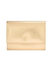 Złoty skórzany portfel damski PORES-0959-2X(W26) - widok produktu z przodu, na białym tle. 